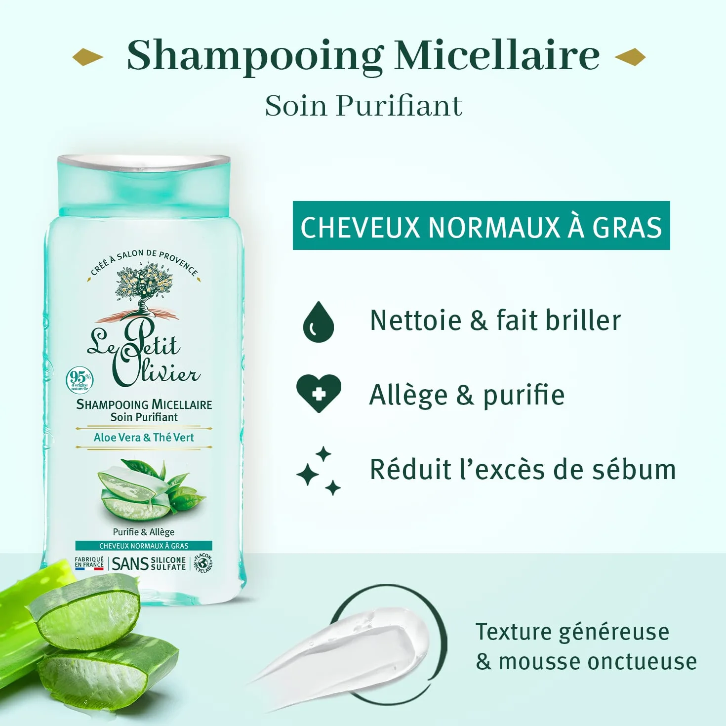 LE PETIT OLIVIER Shampooing Micellaire Soin Purifiant Aloe Vera Thé Vert 250 ml