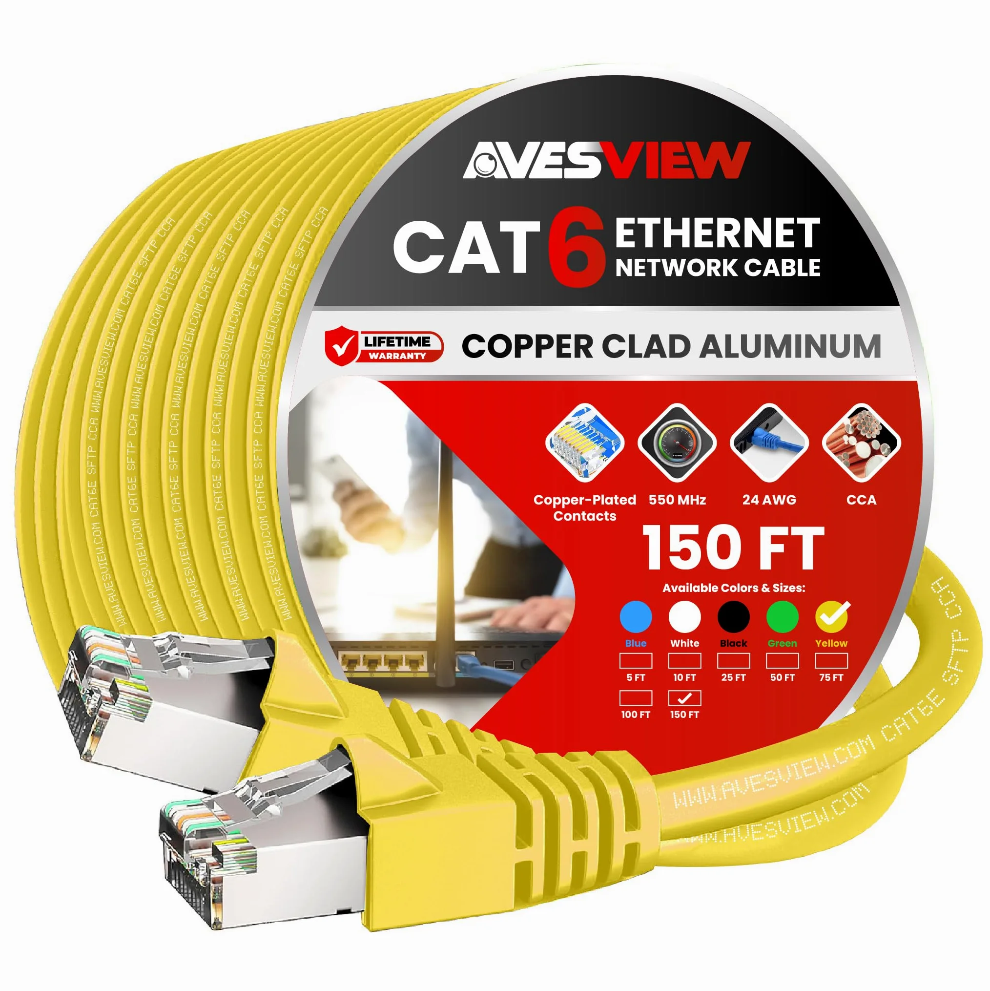Câble Ethernet CAT 6 de 45,7 m, intérieur haut débit, 10 Gbit/s, long câble Ethernet CAT6 sans accroc pour Internet, routeur, modem, ordinateur, PlayStation, Xbox, caméra PoE, imprimante