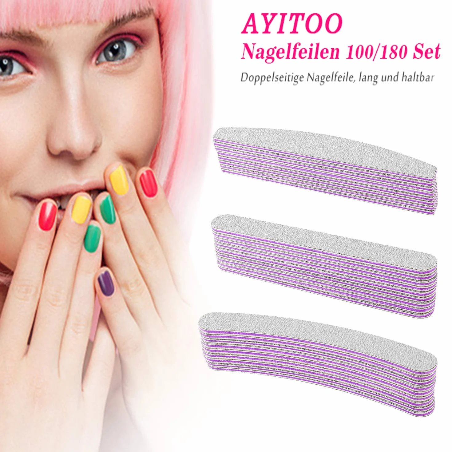 Limes à Ongles Professionnelles Double Face 100/180 Grain, AYITOO, Pour Manucure Nail Art, Forme Straight Gris Violet