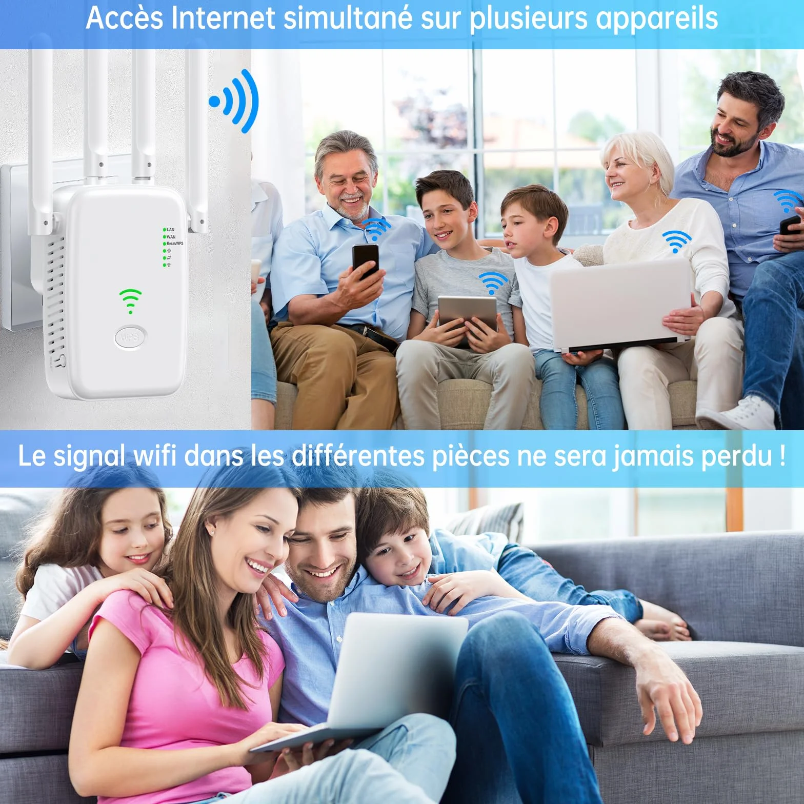 Répéteur WiFi 300Mbps 4 Antennes Amplificateur de Signal avec Mode AP/Repeater/Routeur Port Ethernet