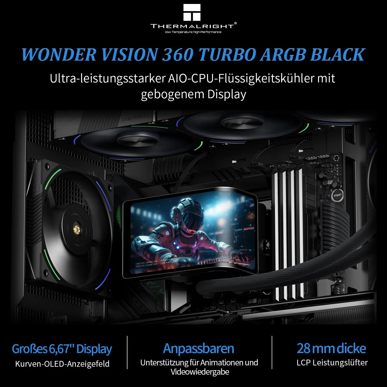 Thermalright Wonder Vision 360 Turbo ARGB BLACK – Esthétique frappante, refroidissement puissant pour charges de travail élevées, compatible avec les plates-formes Intel/AMD courantes, installation