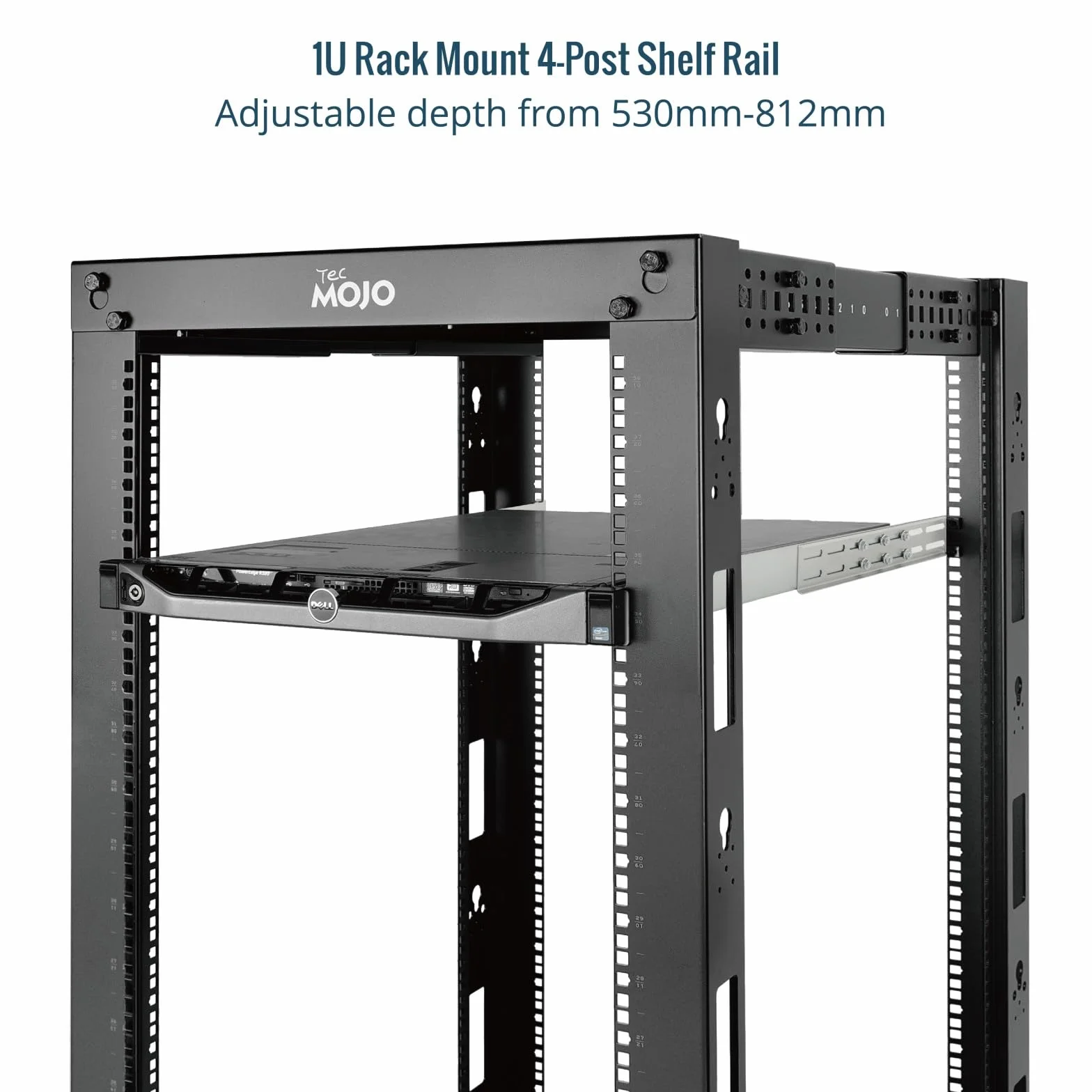 Tecmojo Rails de Rack 1U, Étagère de Rack à 4 Montants, Profondeur Réglable 530-812mm, Capacité 54kg, Argenté
