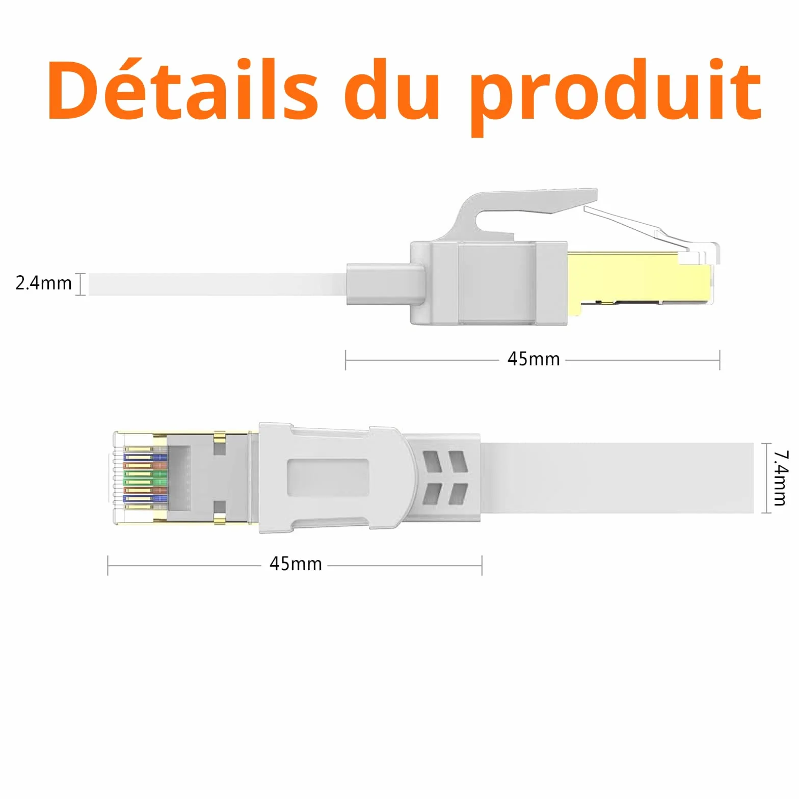 Câble Ethernet Cat 8 0,5m STP RJ45 40Gbps 2000MHz Plat LAN