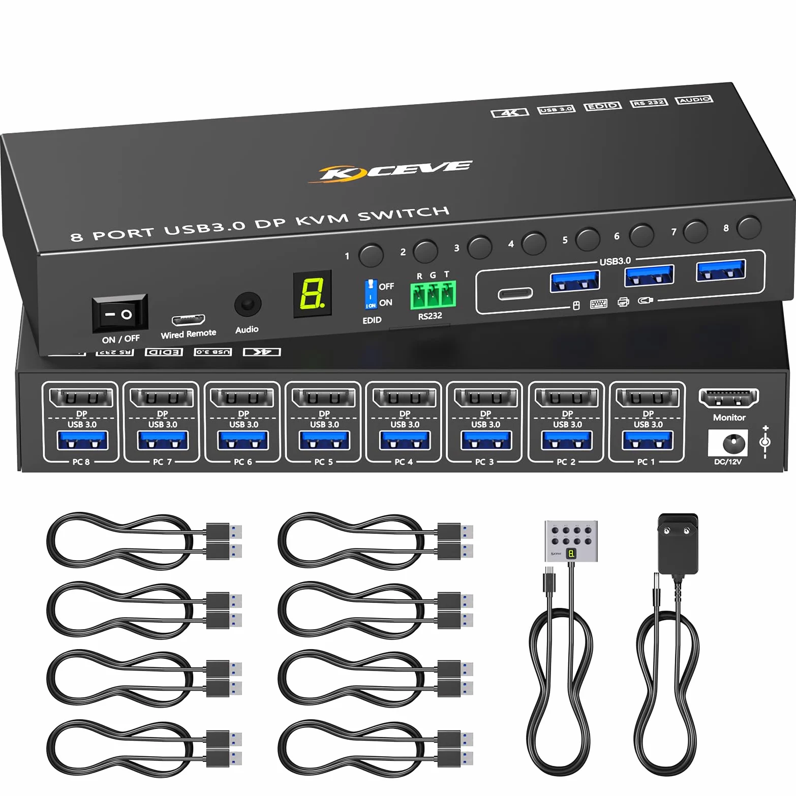8 Port KVM Switch Displayport 4K@60Hz Simulation EDID, Displayport Commutateur KVM USB 3.0 pour 8 PC Partager 1 Moniteur et 4 Périphériques USB, avec Audio RS232 Télécommande Filaire et 8 Câbles USB