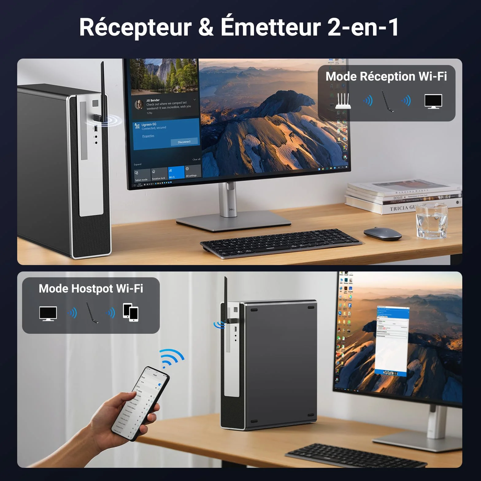 UGREEN Clé WiFi 6 AX900 Antenne à Gain Élevé 6dBi Adaptateur USB Double Bande 5GHz 2.4GHz
