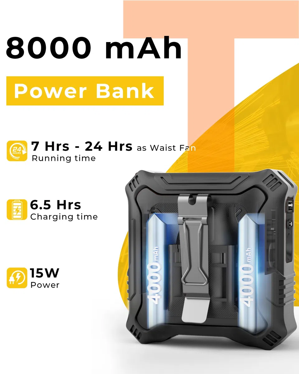 TUNISE Ventilateur portable avec 5 réglages de vitesse, clip double face sur ceinture pour 8000 mAh, 2 réglages, y compris lampe de poche, essentiel de voyage pour le camping en plein air comme banque