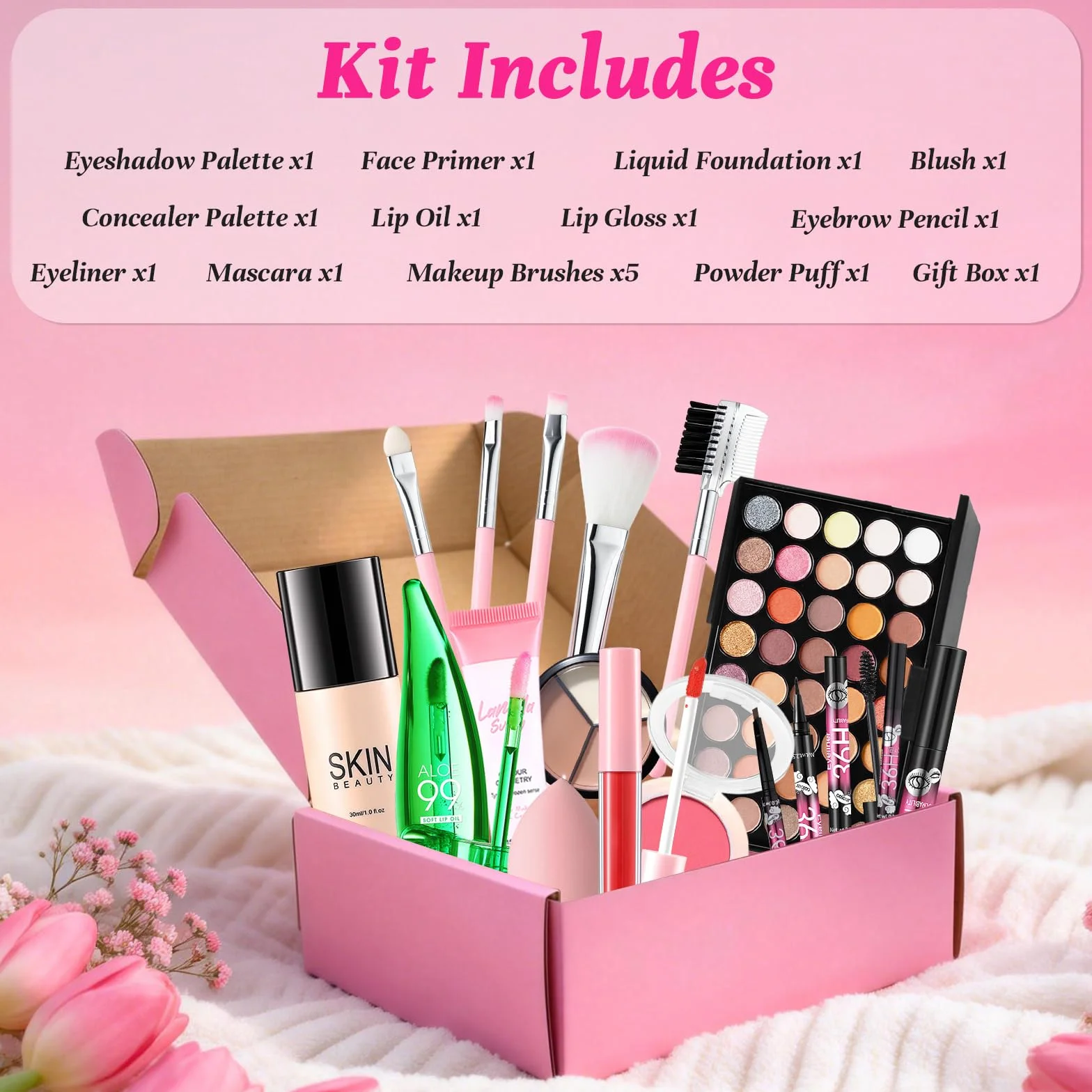 Coffret Maquillage Femme Tout-en-un avec Fond de Teint, Palette Fard à Paupières, Blush, Correcteur, Brillant à Lèvres, Eyeliner, Mascara