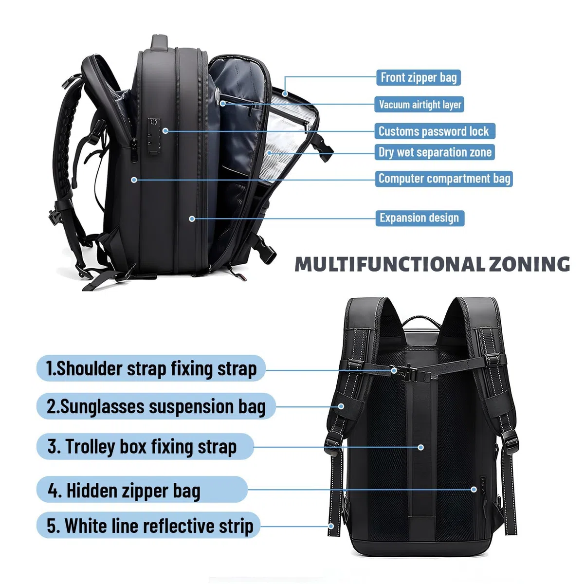 Bewinner Sac à Dos de Compression Sous Vide 25 L 60 L, Extensible, Résistant à L'eau, avec Compartiment pour Ordinateur Portable de 17 Pouces, pour Hommes et Femmes, Sac de Week-end