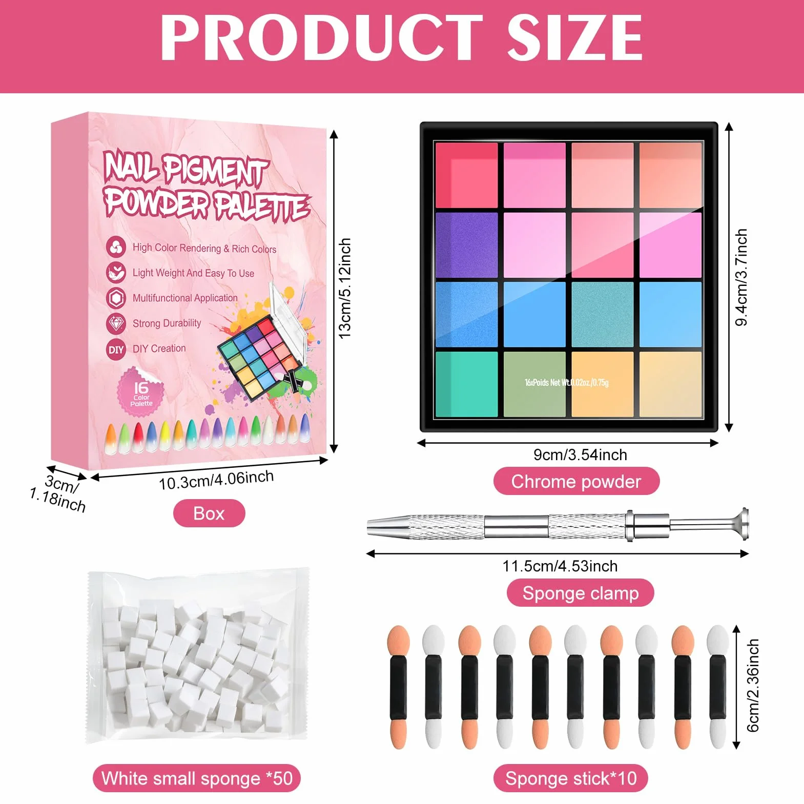 Poudre Chrome Ongle 16 Couleurs Kit Nail Art avec Pigment, Éponges et Pince à Épiler