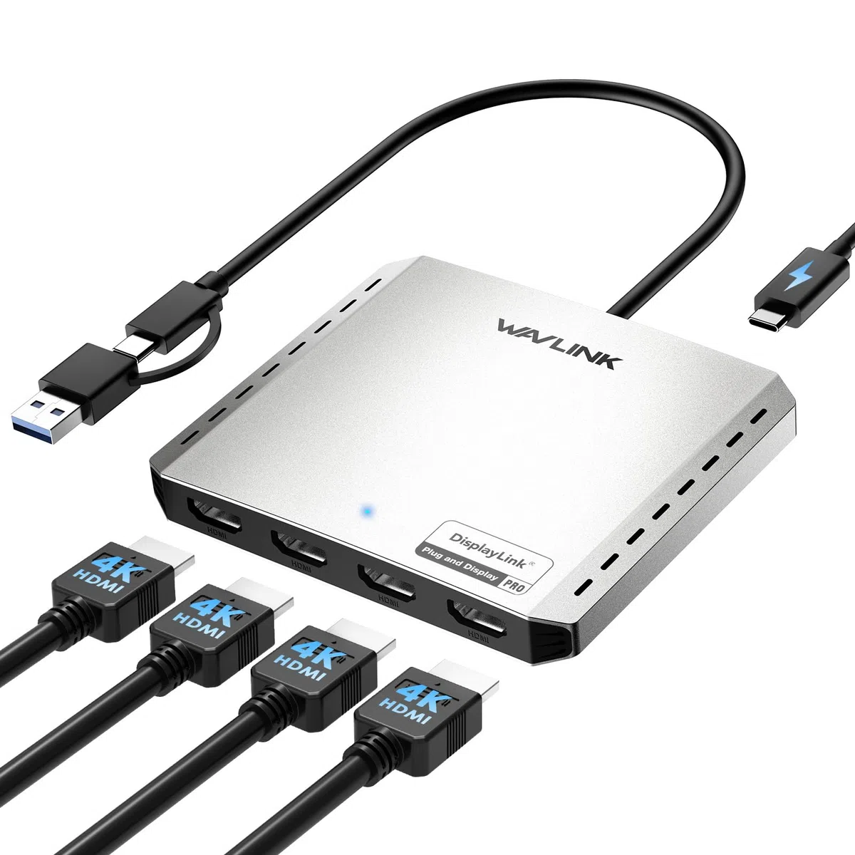 WAVLINK Répartiteur USB 3.0/C vers Quad HDMI pour Quatre moniteurs avec PD, Adaptateur Displayylink 4 HDMI 4K @ 60 Hz pour Mac M1/M2/M3/M4 ou Windows 10/11, Compatible avec Le Nouveau MacBook Neo
