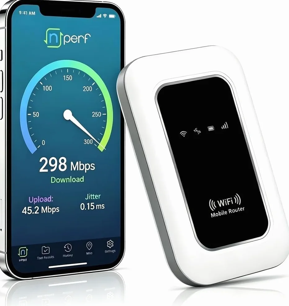 Routeur 5G Portable WiFi 6 Débloqué Carte SIM, 300Mbps, Toute l'europe | Slot SIM débloqué,Haut débit 5G/4G+,Toute l'Europe,28 appareils,WPA3 sécurisé,2100mAh,12h autonomie,voyages et télétravail