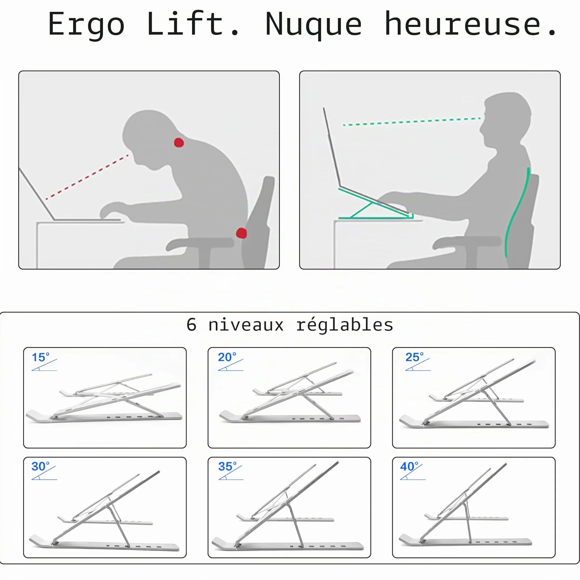 AiTodos® Support Ordinateur Portable Alliage Aluminium Léger Compact Pliable Réglage 6 Vitesses Argent