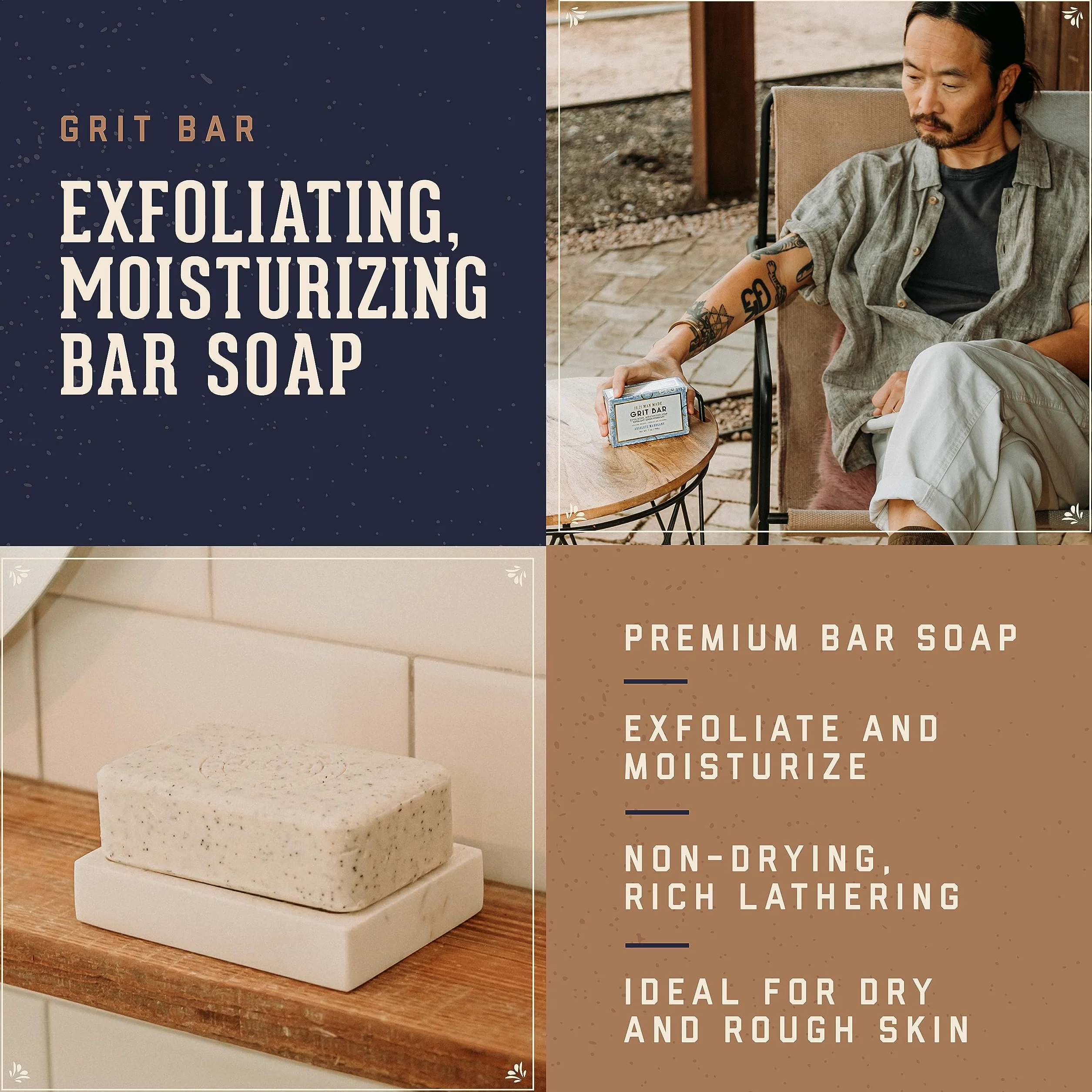 18.21 Man Made Book of Good Grooming Volume 2 Set Absolute Mahogany 2 Pc 18oz Wash 3-In-1 Shampoo Conditioner Body Wash 7oz Grit Bar