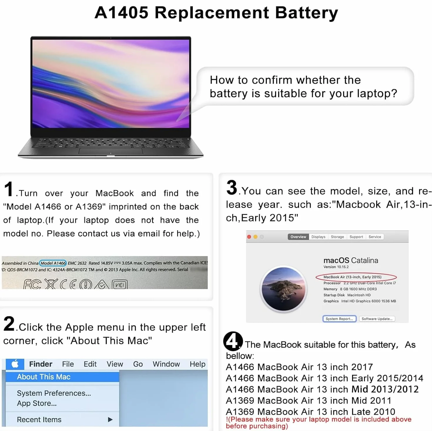 Batterie pour MacBook Air 13" A1369 A1466 2010-2017