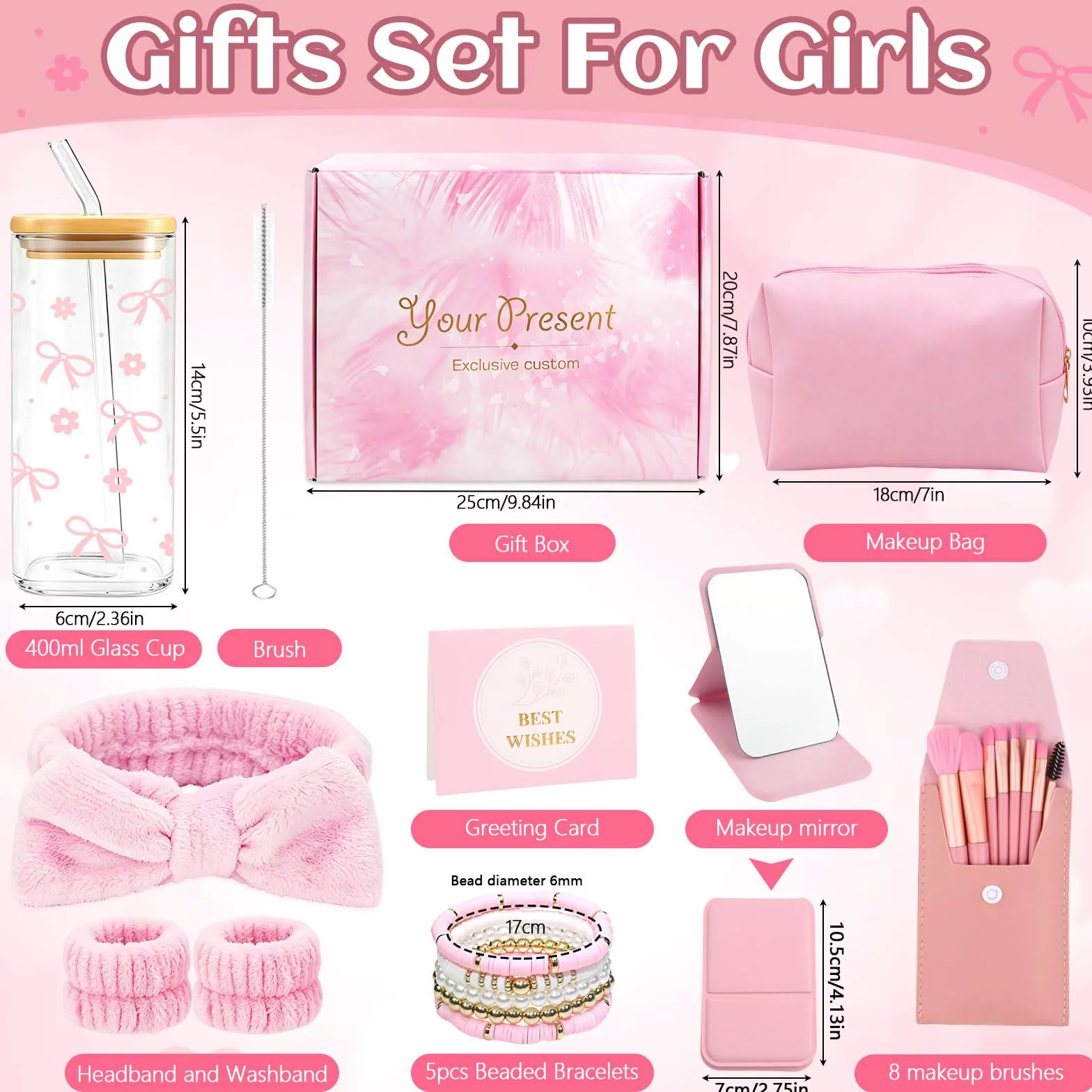 Coffret Cadeau Anniversaire Fille Tasse en Verre avec Couvercle et Paille Maquillage Trousse Cosmétique Bracelet Hairband Miroir