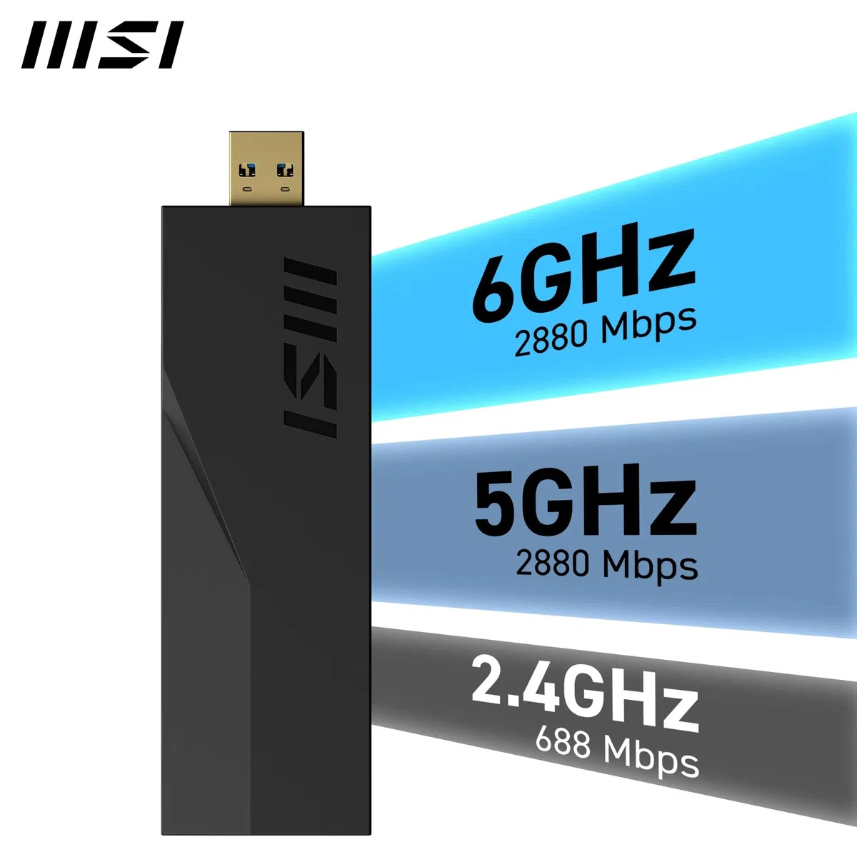 MSI BE6500 Adaptateur WiFi 7 USB - WLAN jusqu'à 2880 Mbps (6 GHz, 5 GHz, 2,4 GHz sans Fil), USB 3.2 Gen 1, MU-MIMO, 2 antennes tri-Bandes à Gain élevé, Formation de Faisceaux, WPA3 - Support Inclus