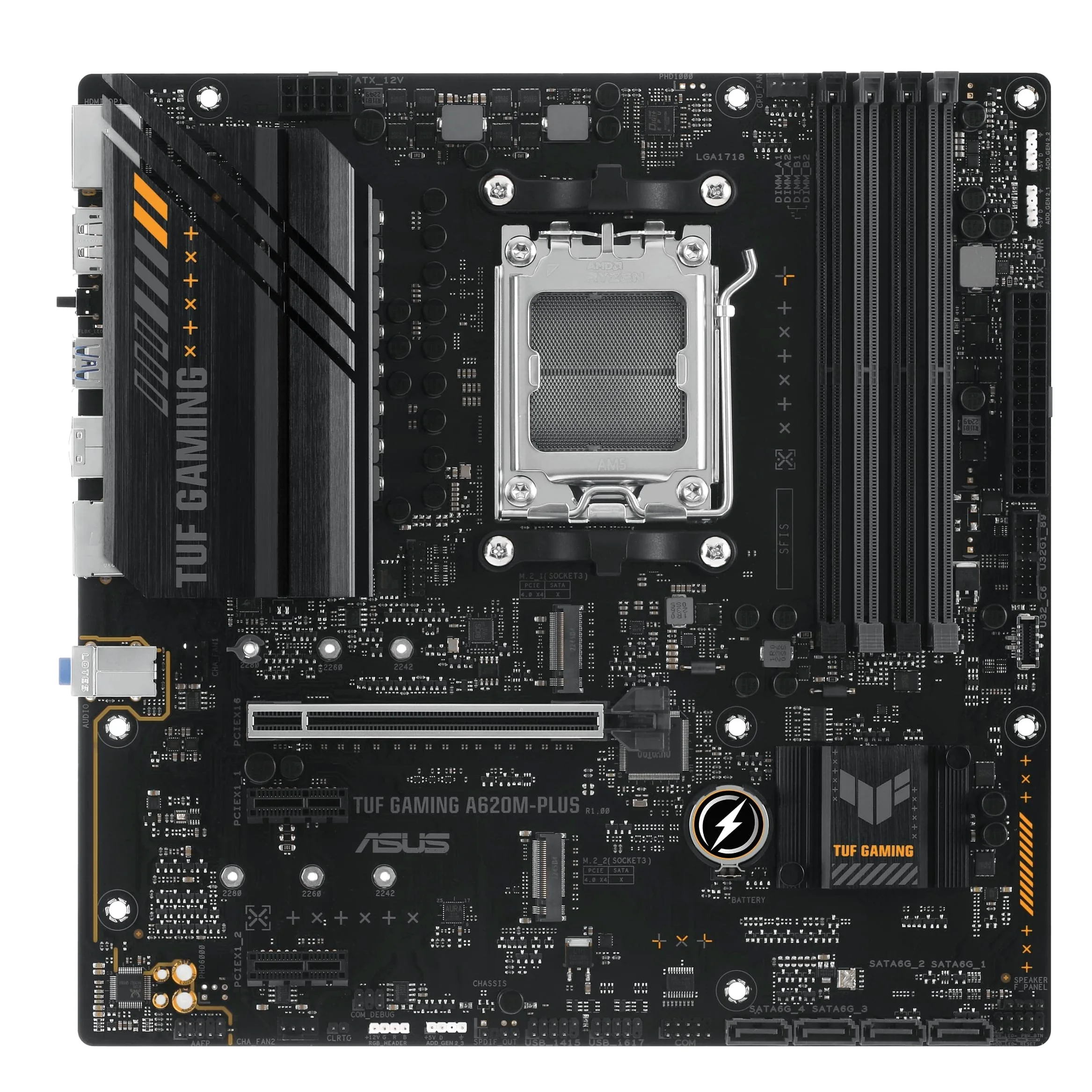 ASUS TUF GAMING A620M-PLUS – Carte mère AMD AM5 A620 microATX (DDR5, PCIe 4.0, 2 x M.2, Realtek 2.5Gb Ethernet, 2 x DisplayPort, HDMI, USB 3.2 Gen 1, SATA 6 Gbps, M.2 Q-Latch, Arua Sync RGB)