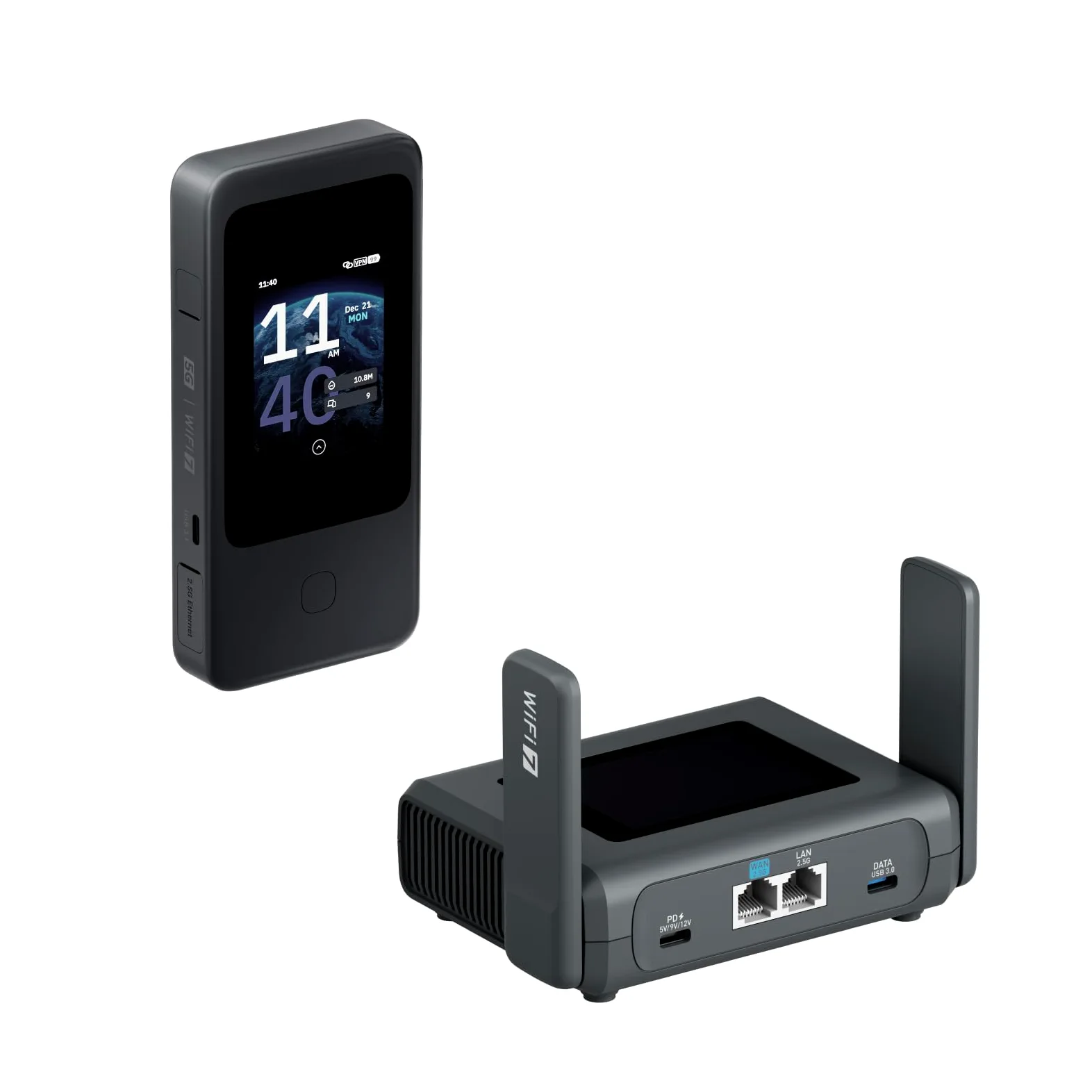 GL.iNet GL-E5800 EU MUDI 7 Routeur de Voyage 5G Wi-FI 7 tri-Bande avec eSIM & GL.iNet Slate 7 Pro (GL-BE10000) Routeur de voyage Wi-Fi 7 tri-bande – 6 GHz 5,7 Gbit/s, MLO, écran tactile 2,8", VPN Wire