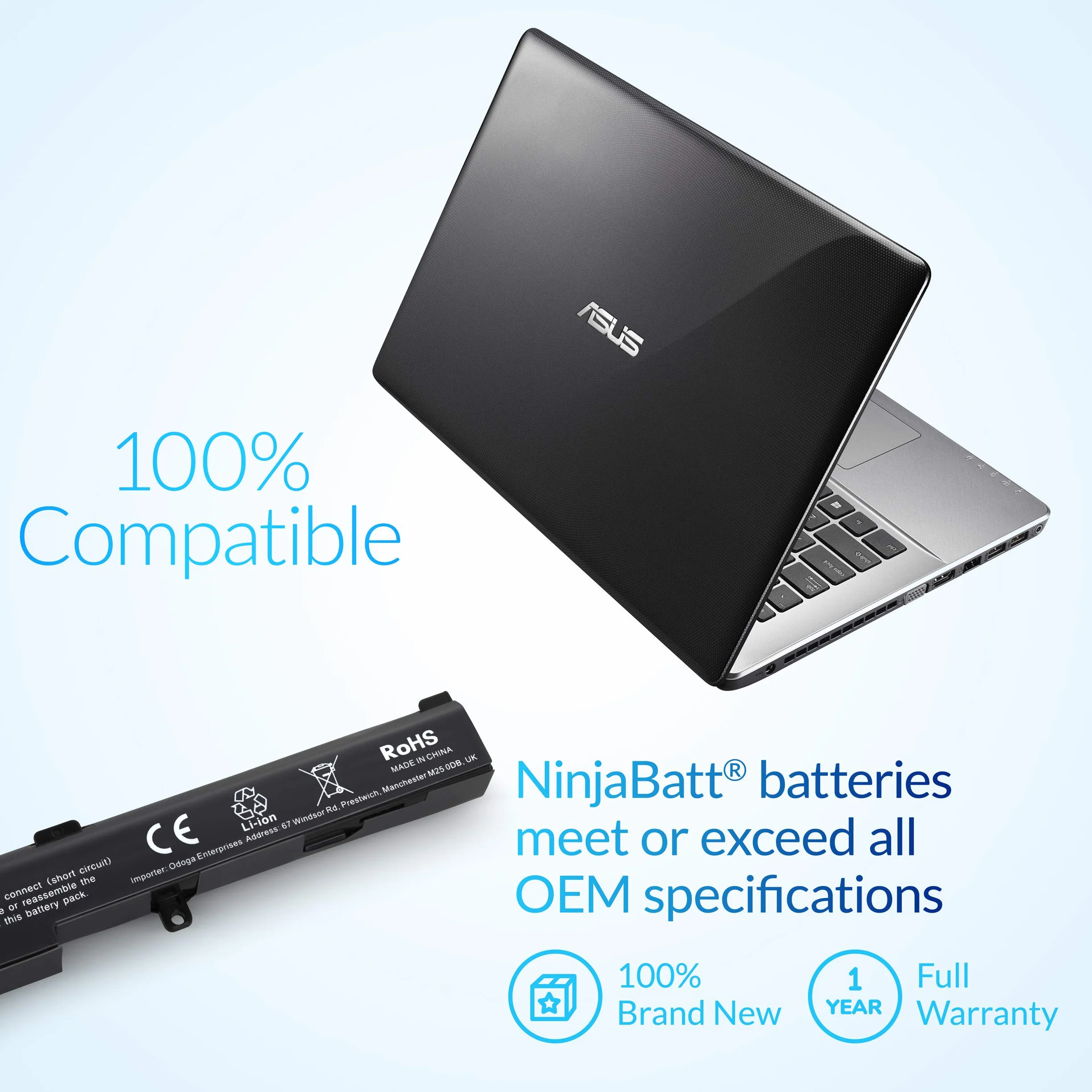 NinjaBatt Batterie A41-X550E R752L R751L pour ASUS X751L F751L K751L R751L R752L X450 X450E X450FJ A450J A450E X550E X550D X550V X550Z X550DP X550ZA X751M F450 F751MA 33Wh 14.8V