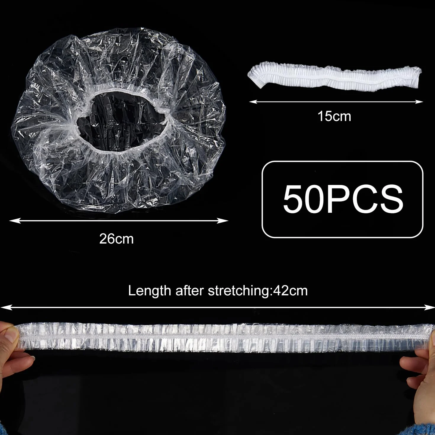 Bonnet de Douche Jetable 50 Pièces, Plastique Transparent Épais, Élastique Large 42cm pour Hôtel Spa