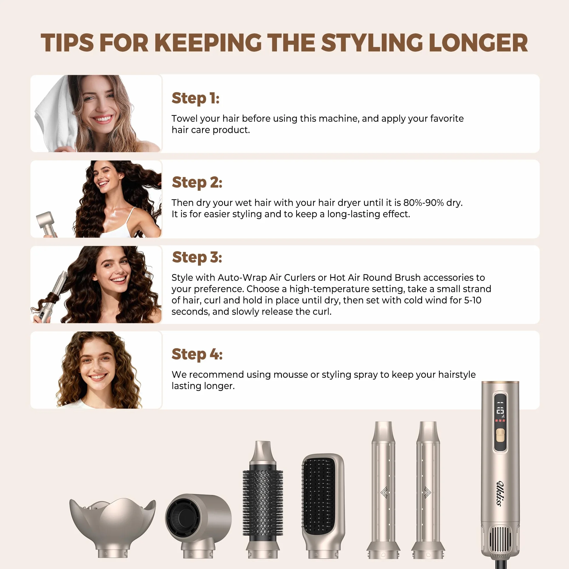 UKLISS Seche Cheveux 6 en 1 Hair Styler Brosse Soufflante Brushing LCD-Display Or