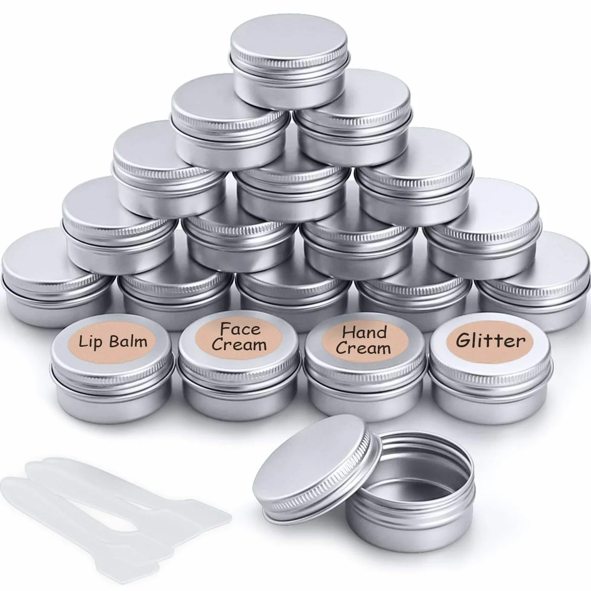 Pots en Aluminium 20 ml, 20 Pièces, Conteneurs Cosmétiques Vide avec Mini Spatule et Étiquette pour Maquillage, Crème, Baume à lèvres