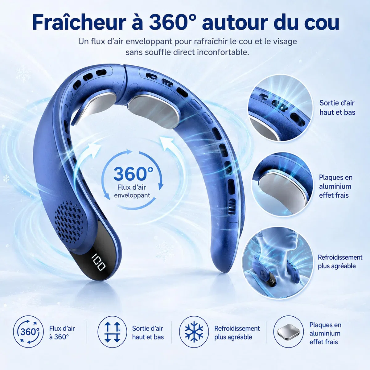 Ventlateur de cou 4000 mAh ventilateur portable 3 vitesses affichage LED 360 degres cooling ventilateur de nuque 50DB faible bruit