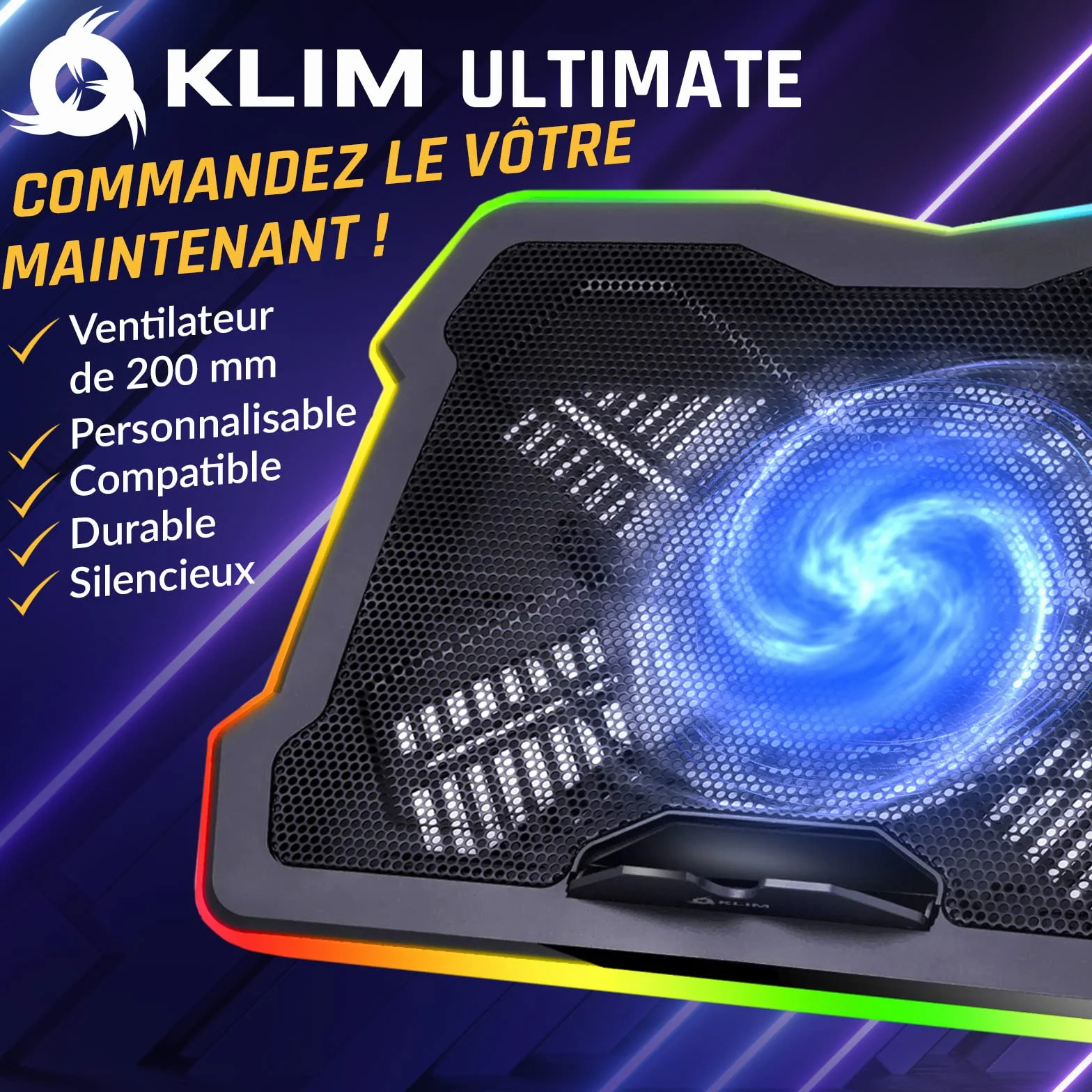 KLIM Ultimate Refroidisseur PC Portable 11" à 17" - Éclairage RGB - Support Ordinateur Portable Gaming - Ventilateur USB