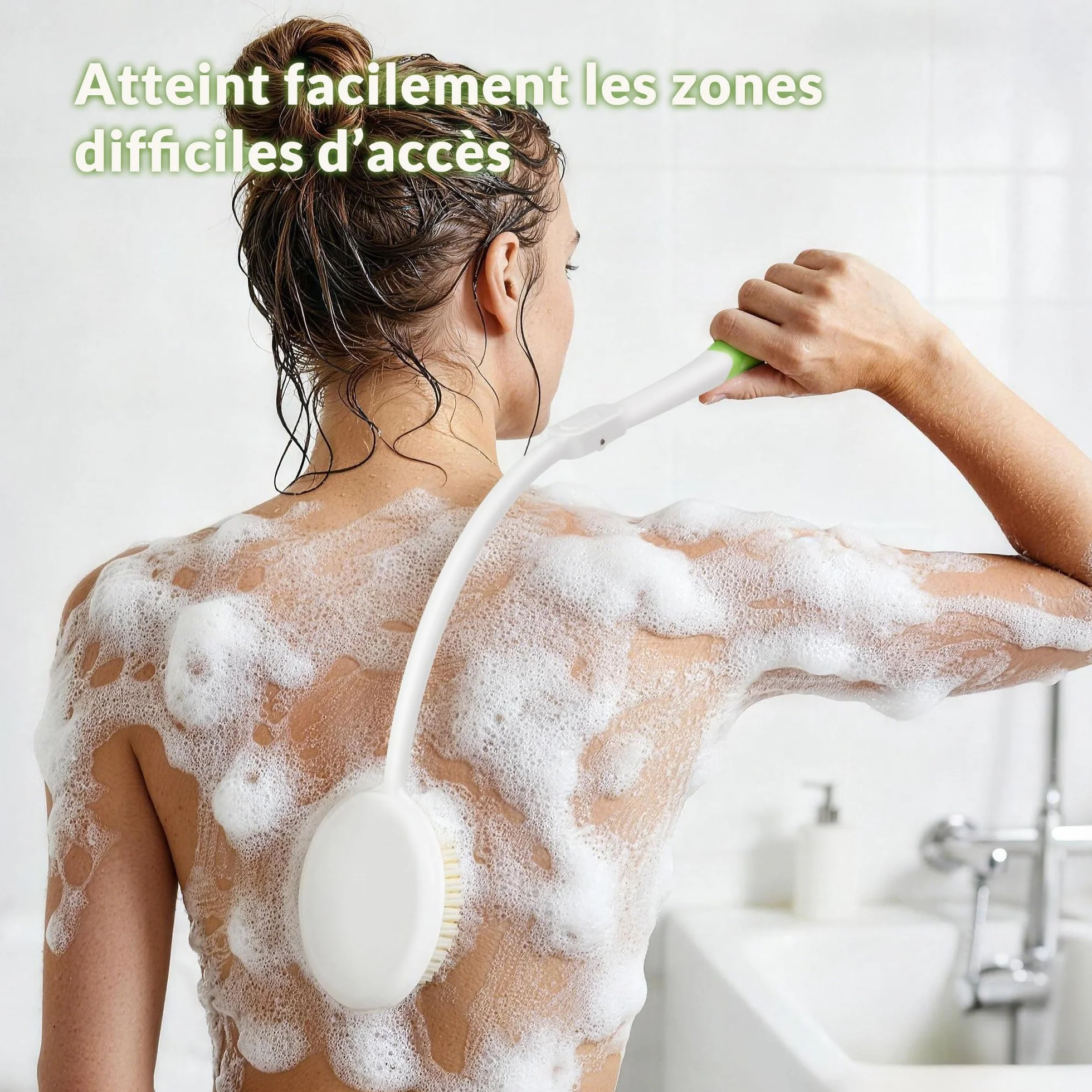 Brosse Dos Douche Pliable Long Manche – Brosse Douche Dos Poils Souples Serviette Incluse Ergonomique Nettoyage Corps Entier