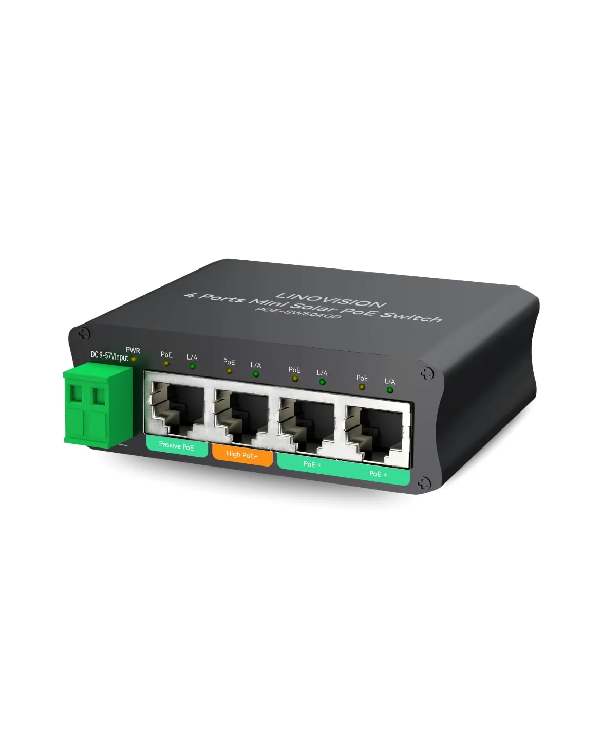LINOVISION Mini Solar PoE Switch 4 Ports Fonctionne Directement avec des Batteries DC12V ou DC24V, fournit 2 Ports PoE+, 1 Port High PoE+ pour Les Grandes caméras PTZ et 1 Port PoE 24V Passif