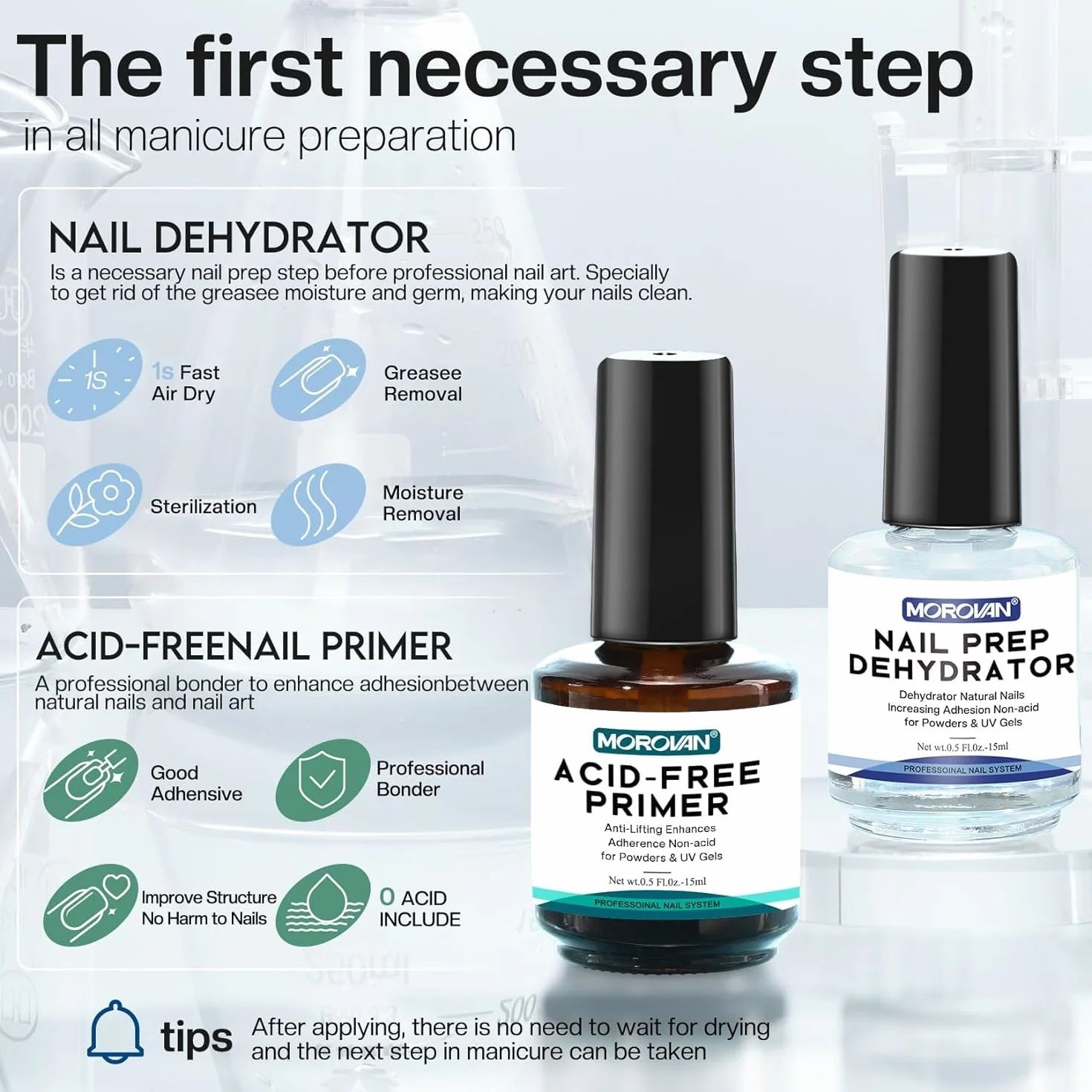 Morovan Nail Primer et Déshydrateur pour Ongles: Adhésion Supérieure Non Acide Séchage Rapide pour Acrylique Gel Builder