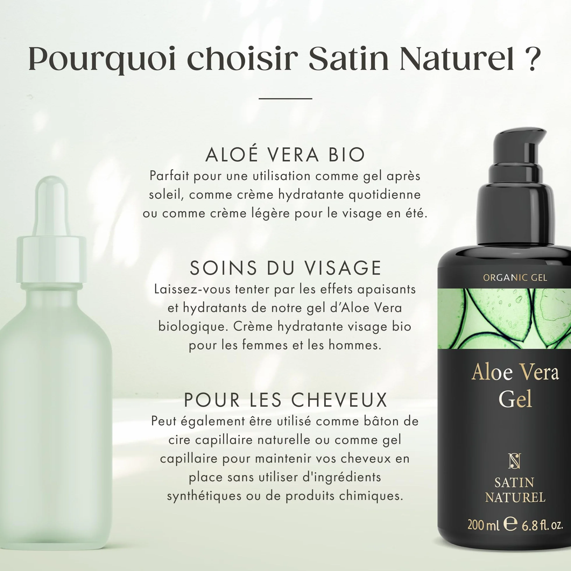 Satin Naturel Gel Aloe Vera Bio 200 ml – Gel d’Aloe Vera Concentré – Acide Hyaluronique & Panthénol – Soin Hydratant Visage, Corps & Cheveux