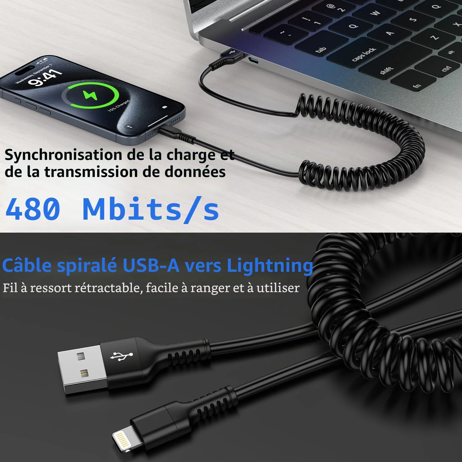 Câble Spiralé USB A vers Lightning MFi pour iPhone Carplay Chargeur Rétractable