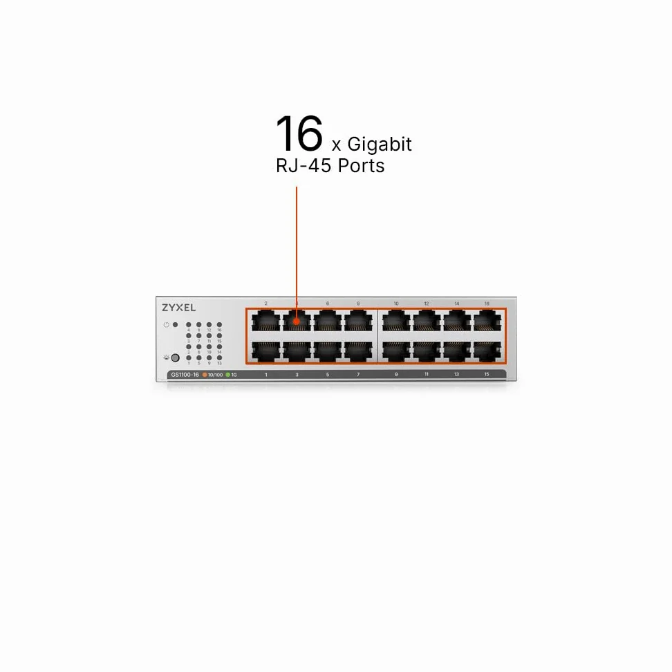 Zyxel Switch réseau 16 Ports | Switch Gigabit Unmanaged Plus | 16x GbE Ports | VLAN | Prévention de la Boucle | Montage sur Bureau, Mural ou Rack | GS1100-16 | 16x Ports GbE, Sans Ventilateur, Kit Mural Inclus, Support Auto MDI/MDI-X, VLAN, Prévention de