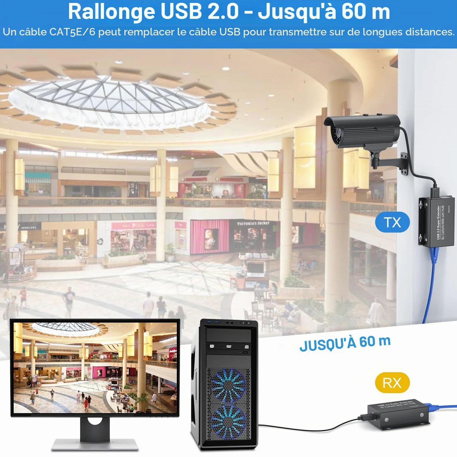 VEDINDUST USB 2.0 Extender Ethernet 4 Ports 196ft 60m Extension sur RJ45 Cat5e 6 Jusqu'à 480Mbps Deux Webcam Work Sync Support Windows MacOS Android Linux Pas de Pilote EX50USB etc