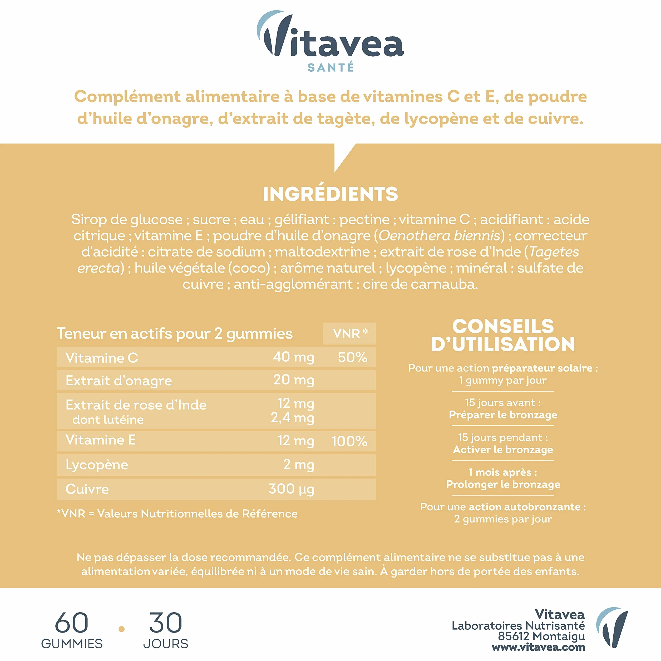 Vitavea Gummies Solaire Autobronzant Complément alimentaire bronzage 60 gummies 2 mois