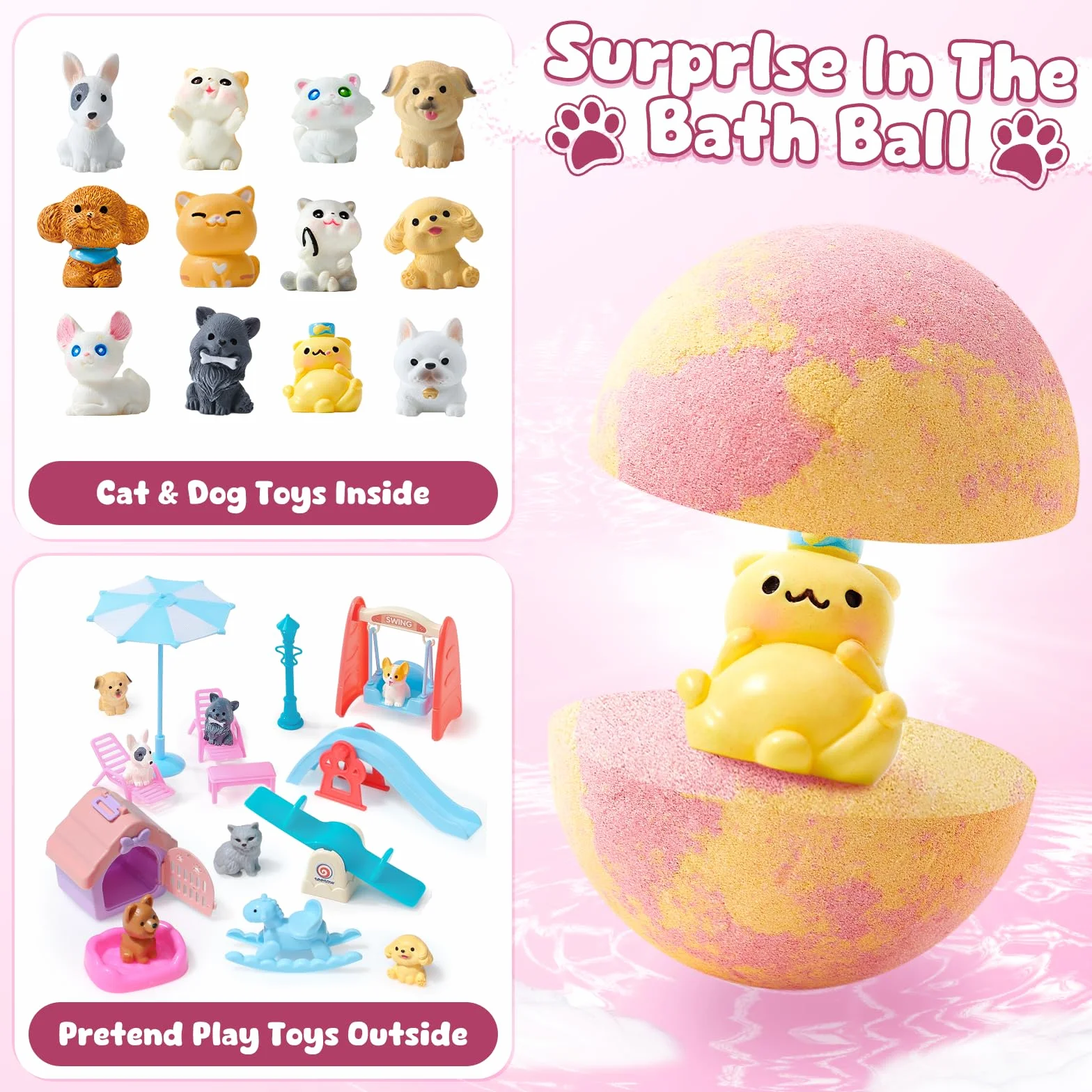 Bombe de Bain Enfant Surprise 12pcs Boule de Bain avec Jouets Chiens Chats Aromatherapie Cadeau Anniversaire Garçons Filles