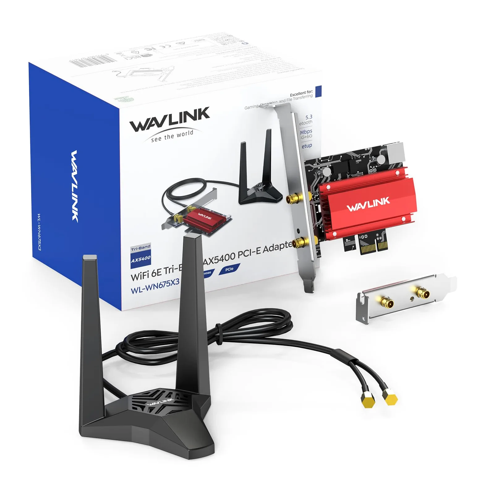 WAVLINK AXE5400 Carte réseau WiFi 6E PCIe Tri-Band AX210 Adaptateur sans fil avec Bluetooth 5.3, MU-MIMO, WPA3, OFDMA, support à profil bas, dissipateur de chaleur, pour PC Windows 10/11
