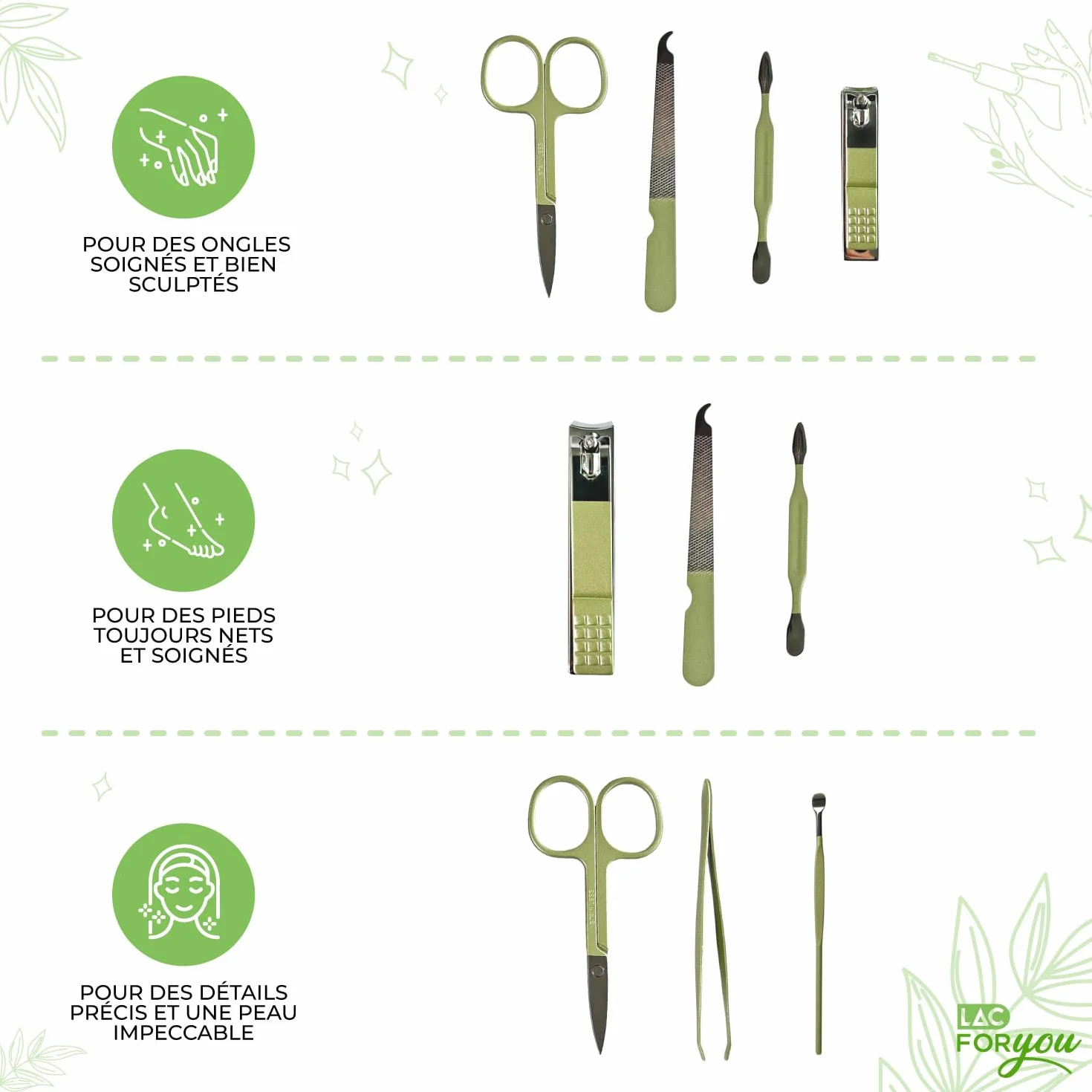 Kit Manucure 7 Pièces Professionnel pour Ongles Mains et Pieds - Trousse Vert