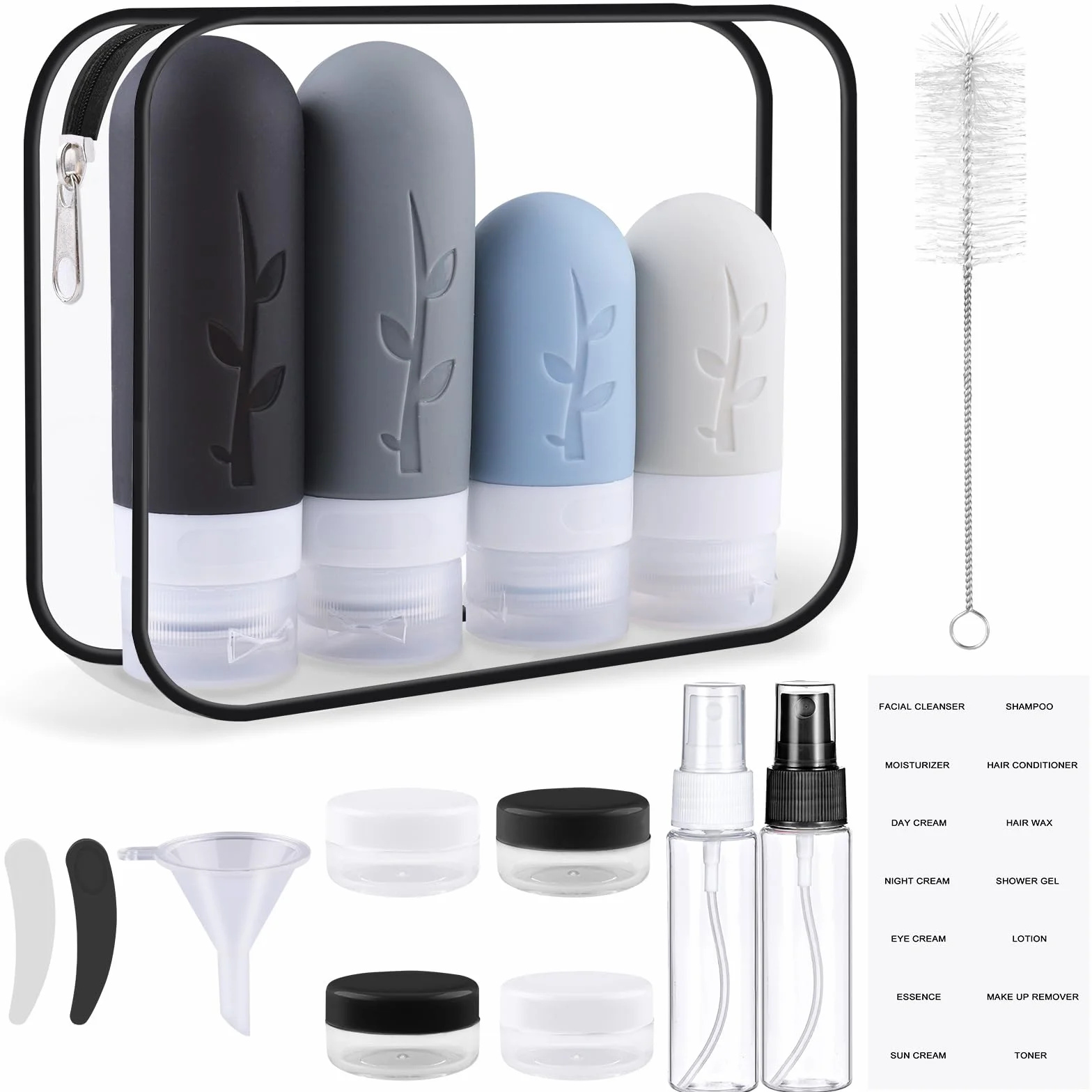 Flacons Voyage Silicone 16 Pièces Kit Récipients Shampoing Lotion Cosmétiques Avion Cabine Noir