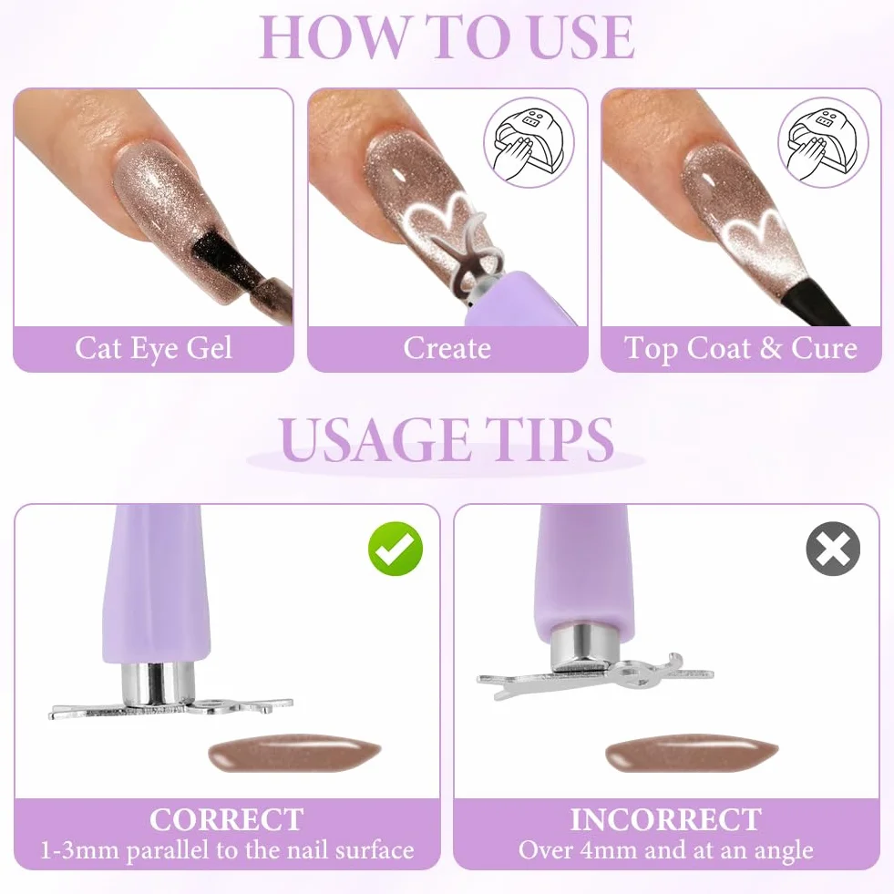 8 in 1 Cat Eye Magnet Set, 7 Pièces Aimant Ongle, Outils de Nail Art DIY avec Lapin et Cœur