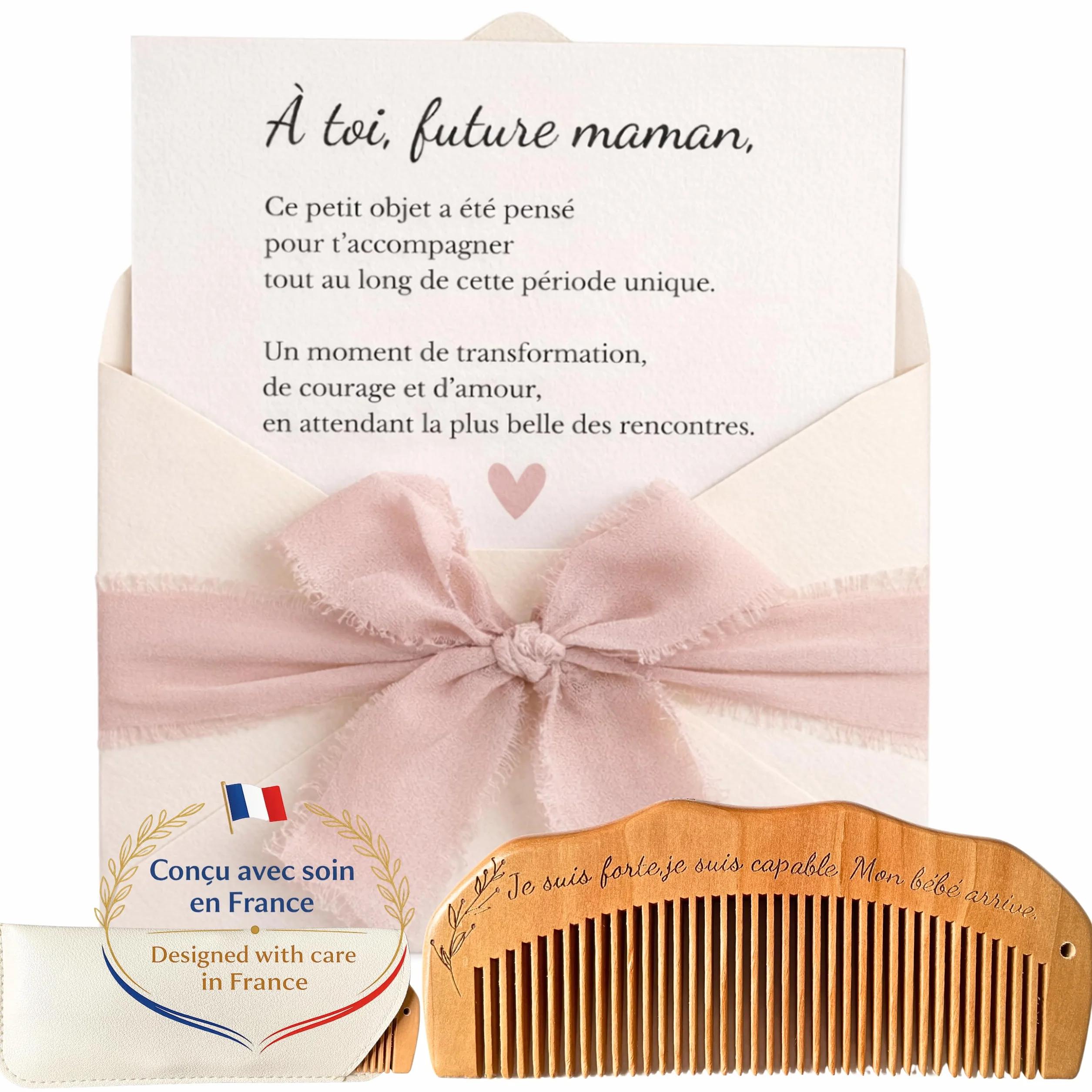 Peigne accouchement en bois avec carte émotionnelle cadeau grossesse femme enceinte maternité