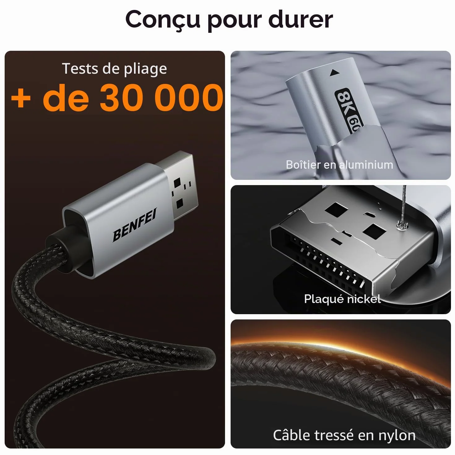 BENFEI Adaptateur DisplayPort 1.4 vers HDMI 2.1 8K@60Hz 4K@240Hz Aluminium