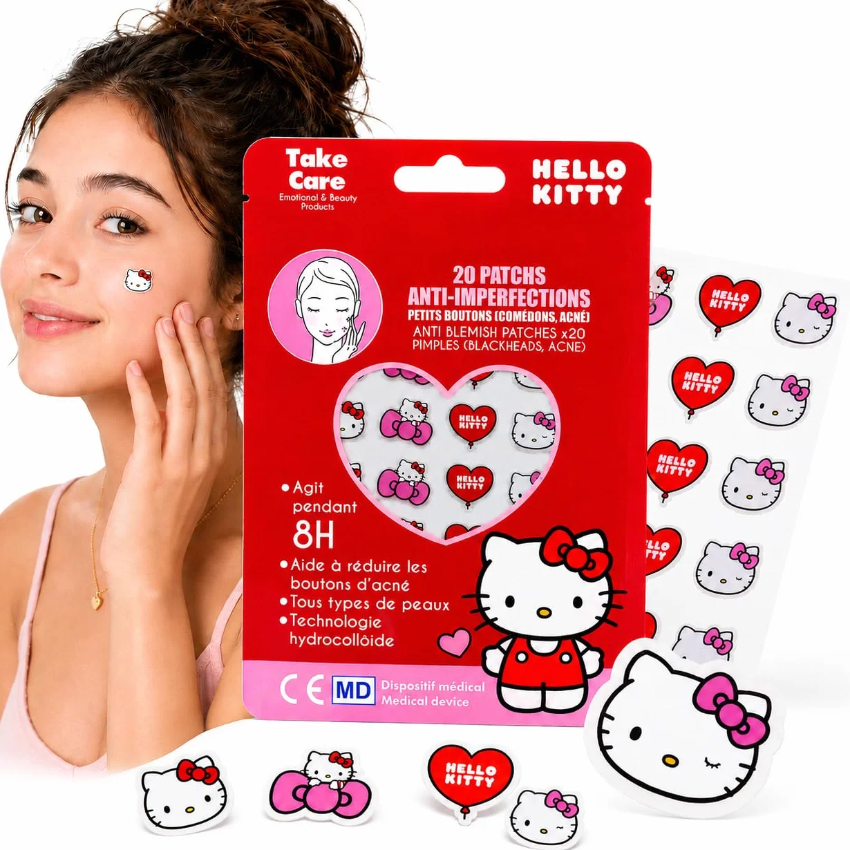 Hello Kitty Patch Bouton Hydrocolloïde 20 pcs – Anti Acné Visage Jour Nuit – Pimple Patch Absorbe Sébum Point Noir Nez Design Cute
