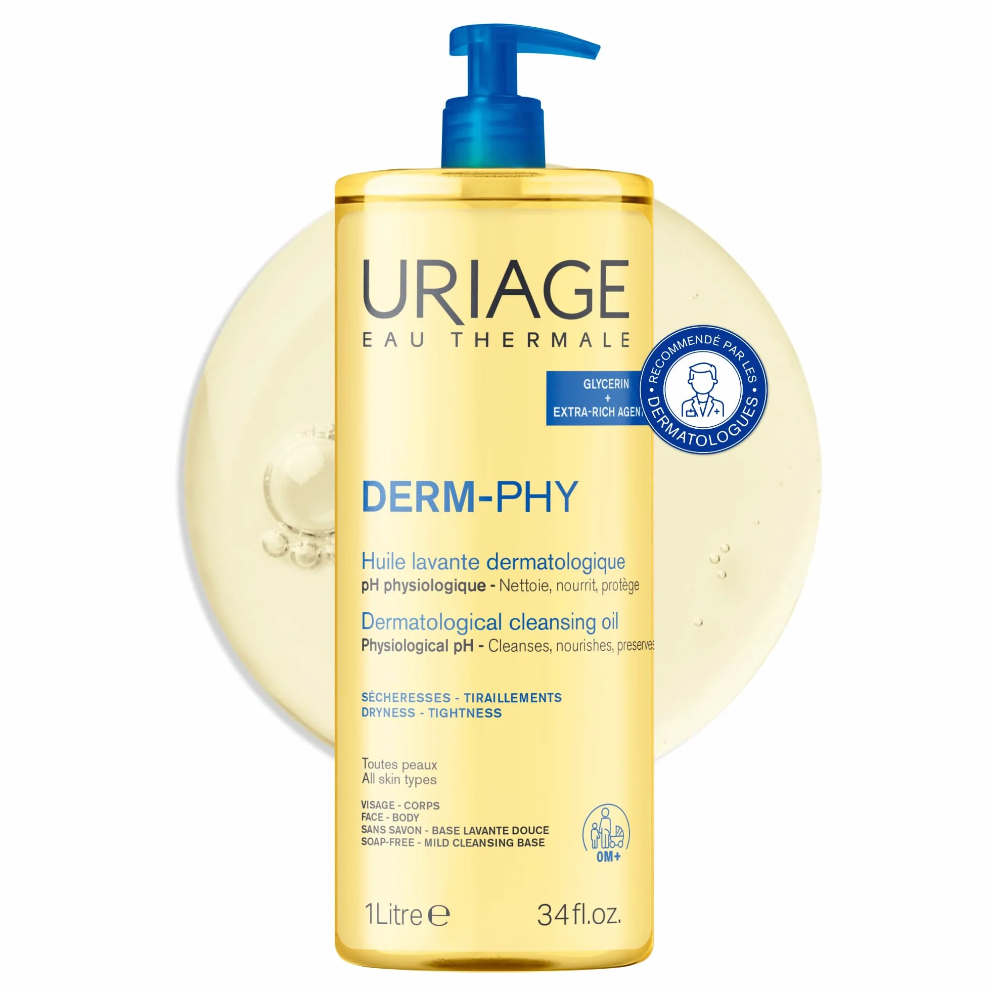 Uriage Derm-Phy Huile de Douche 1L - Nettoyant Visage, Corps - Peaux Sèches, Sensibles - 25% Glycérine - pH Physiologique - Sans Savon