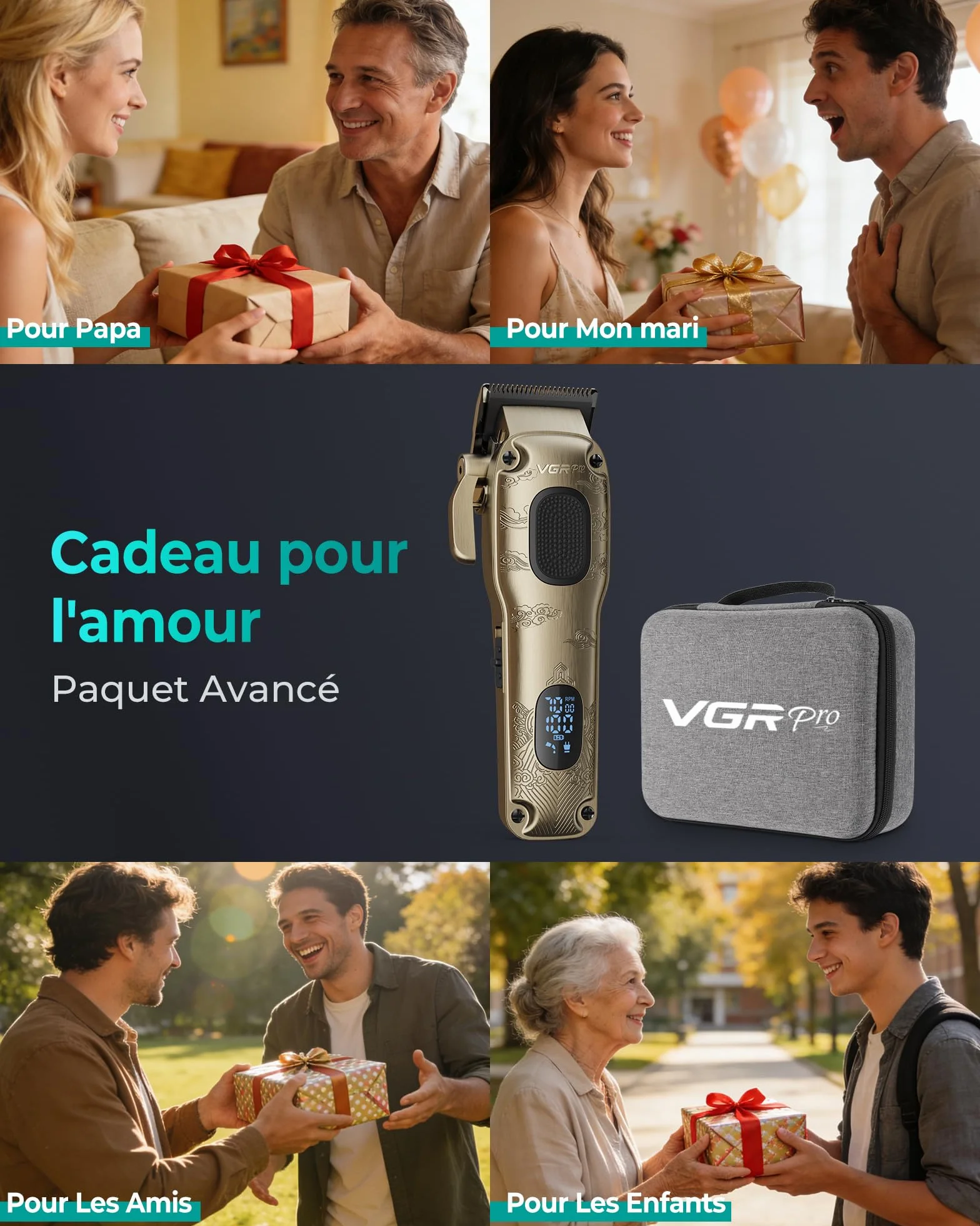 VGRPRO Professionnel Tondeuse Cheveux Homme sans Fil avec Écran LED, Kit de Coupe Électrique pour Maison & Coiffeur