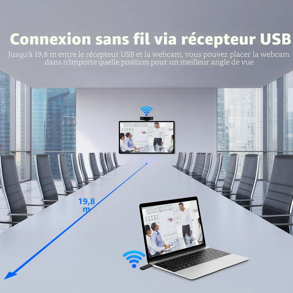 Webcam sans fil 1080p pour PC, webcam avec micro antibruit, alimentation