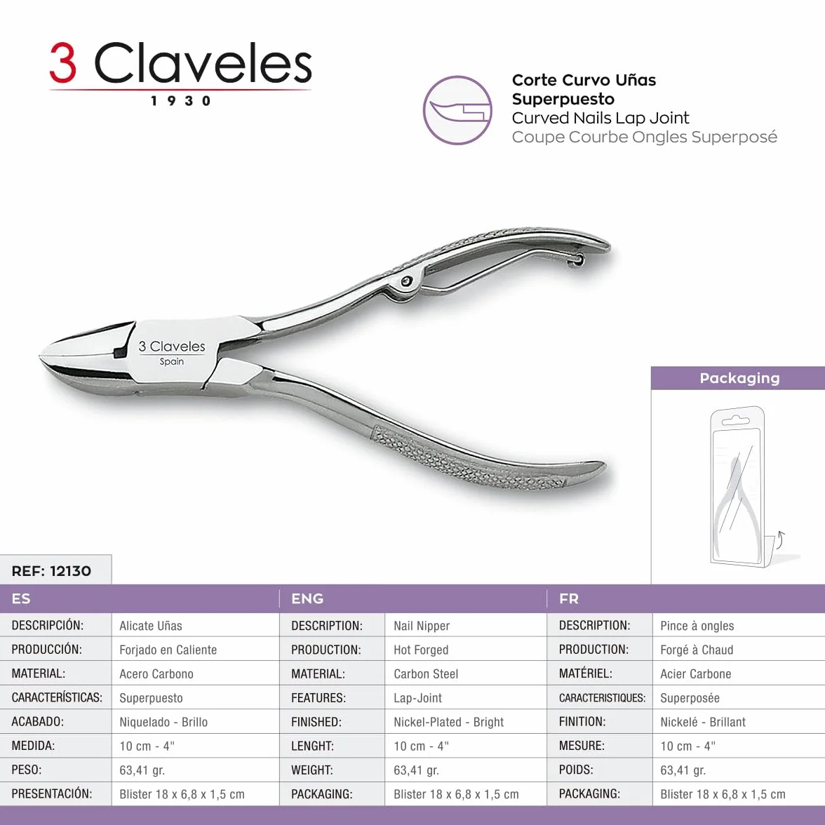 Original 3 Claveles 12130 Pinces pour les ongles 10 cm