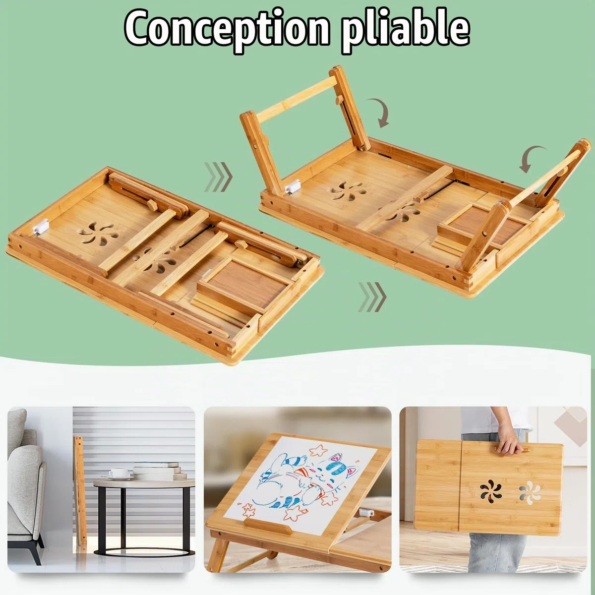 LIFEZEAL Table de Lit Pliable en Bambou, Plateau Inclinable, Hauteur Réglable, Support Ordinateur Portable Avec Trous de Refroidissement, Tiroir, 53x33x20-26,5 cm, Naturel