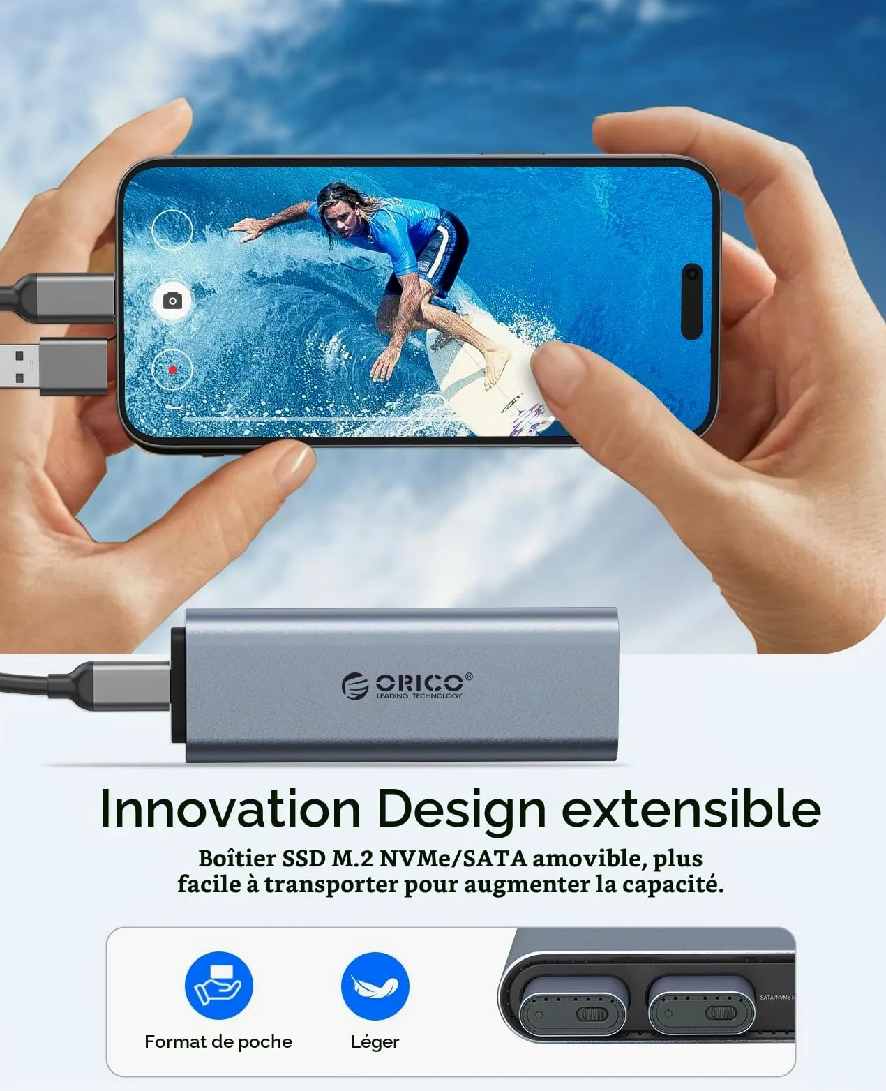 Station d'accueil ORICO 10-en-1 USB-C avec Double Boîtier SSD M.2 NVMe/SATA, USB 10Gbps, Double HDMI 4K@60Hz, PD 60W, RJ45 - pour MacBook Pro/Air (PTM2)